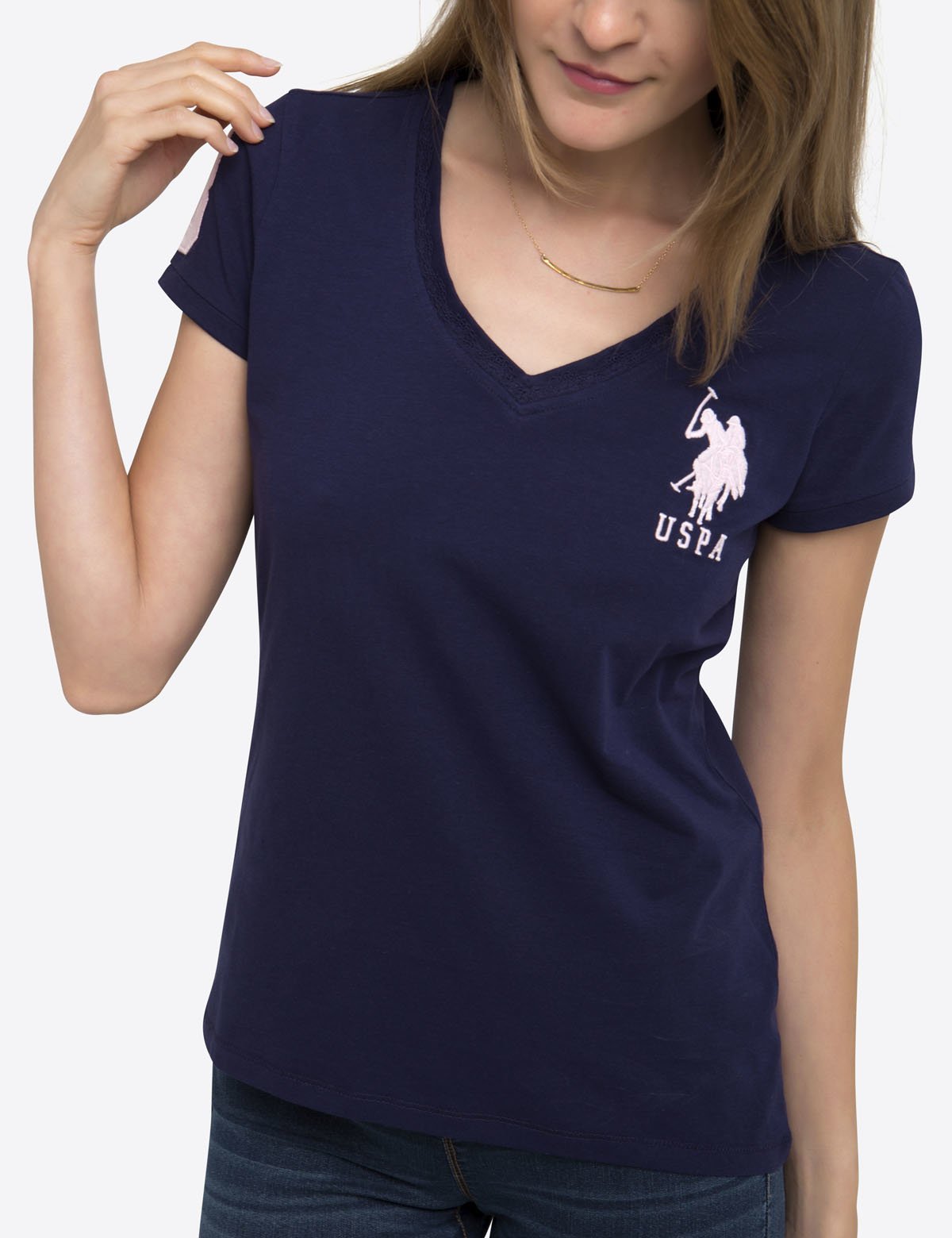V-Neck Lace T-Shirt with Logo & Short Sleeves | Classic Cotton Tee