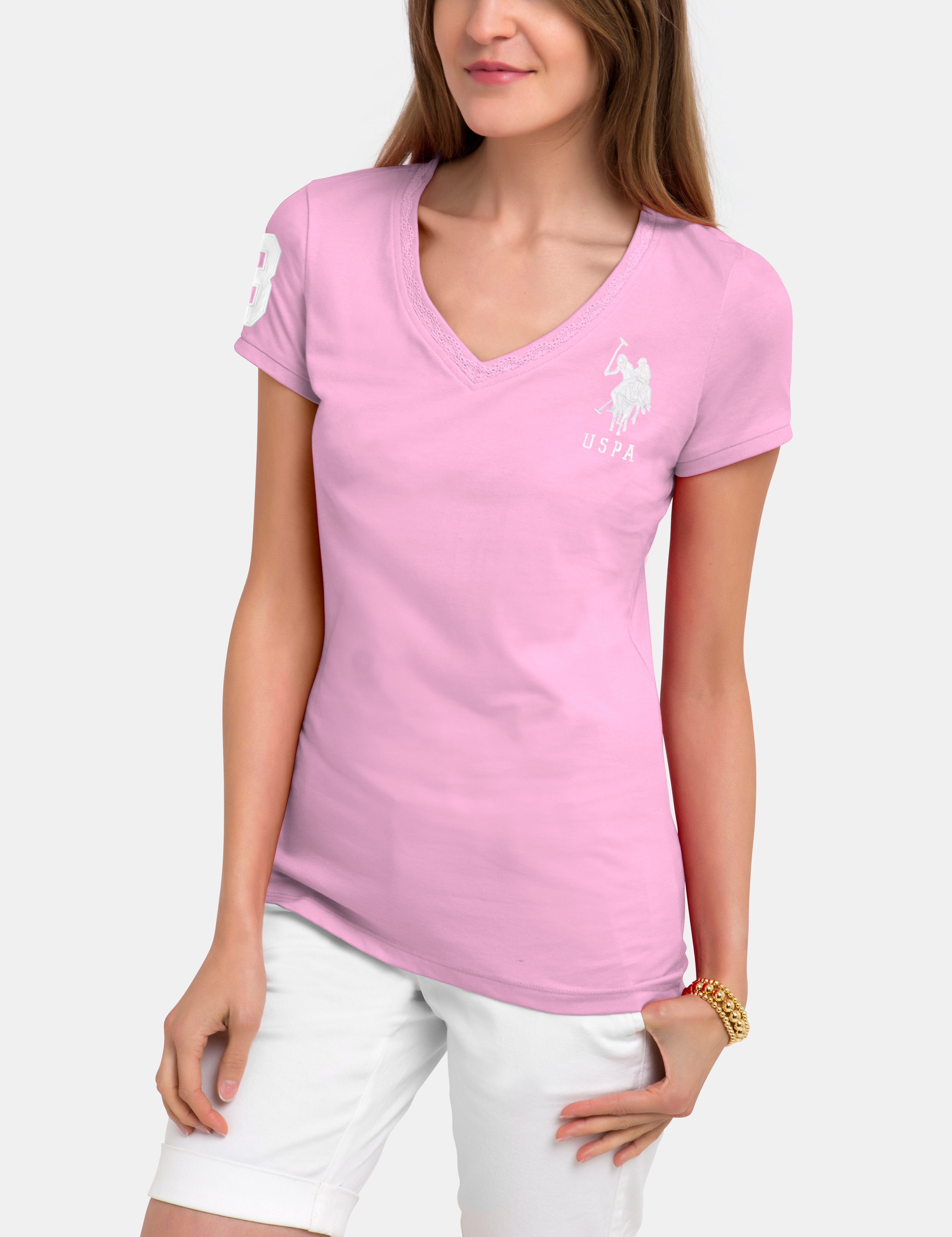 V-Neck Lace T-Shirt with Logo & Short Sleeves | Classic Cotton Tee