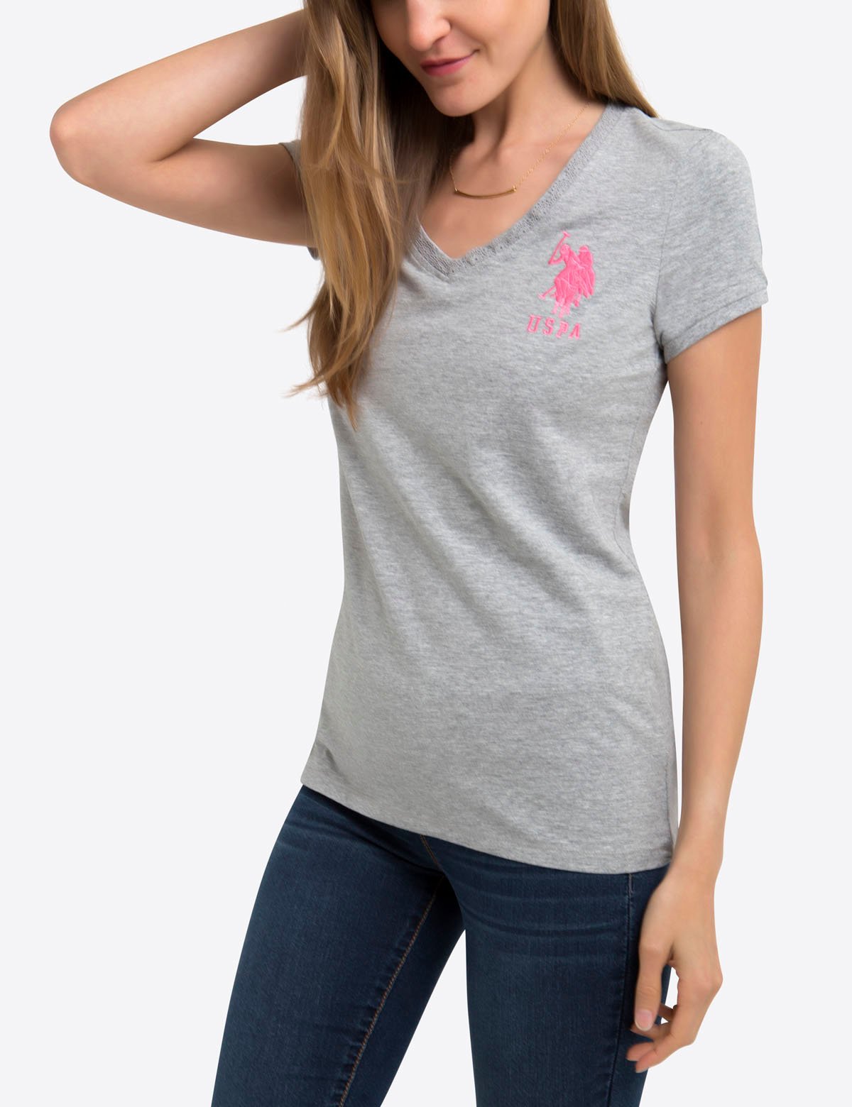 V-Neck Lace T-Shirt with Logo & Short Sleeves | Classic Cotton Tee