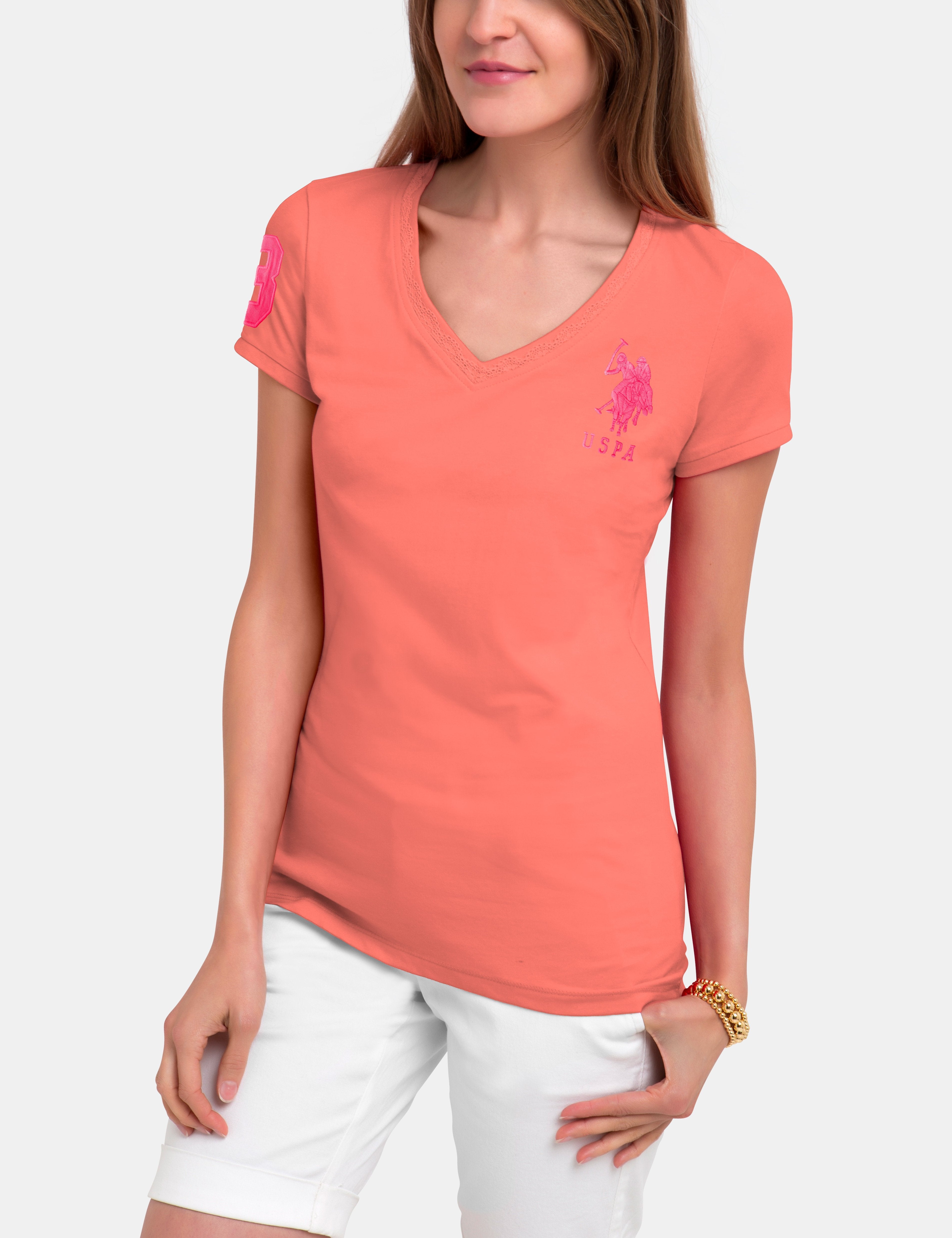 V-Neck Lace T-Shirt with Logo & Short Sleeves | Classic Cotton Tee