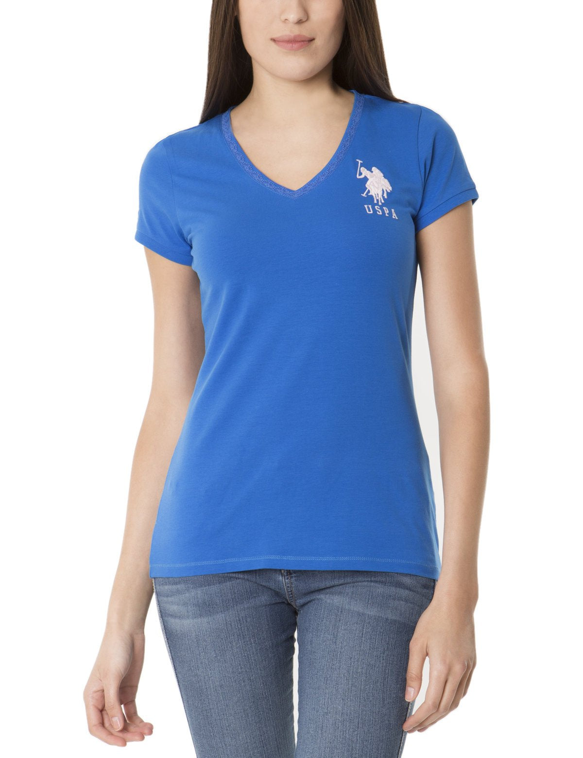 V-Neck Lace T-Shirt with Logo & Short Sleeves | Classic Cotton Tee