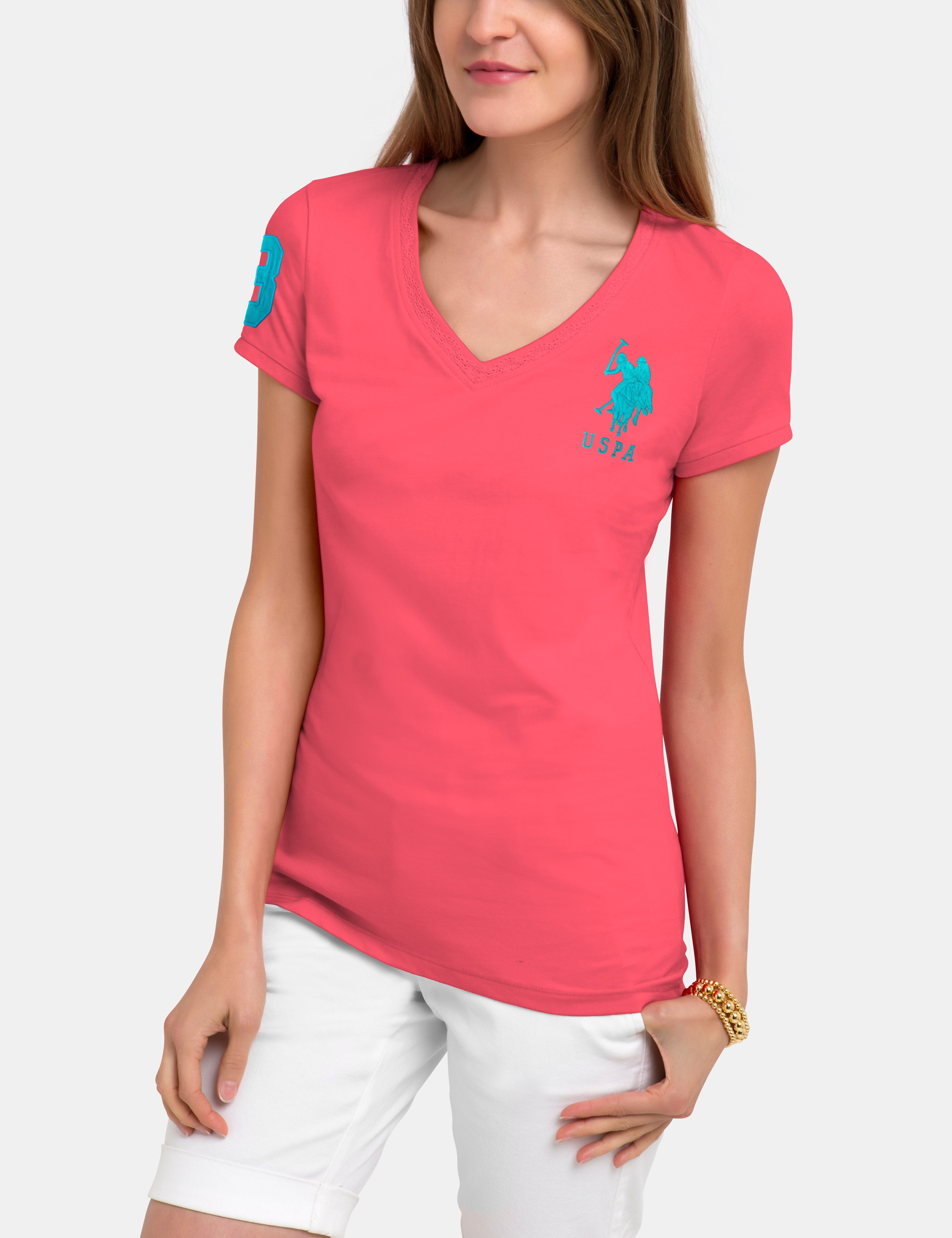 V-Neck Lace T-Shirt with Logo & Short Sleeves | Classic Cotton Tee