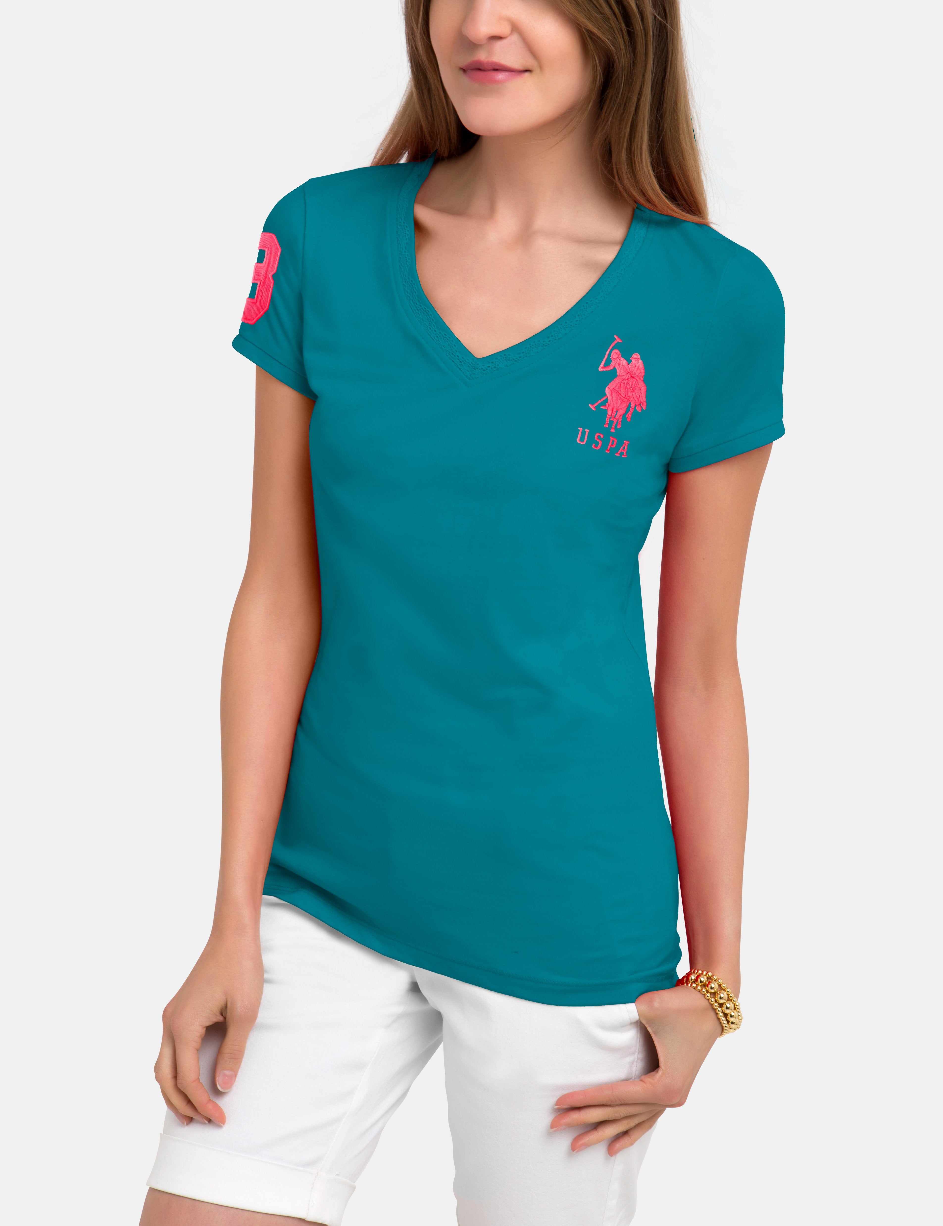 V-Neck Lace T-Shirt with Logo & Short Sleeves | Classic Cotton Tee