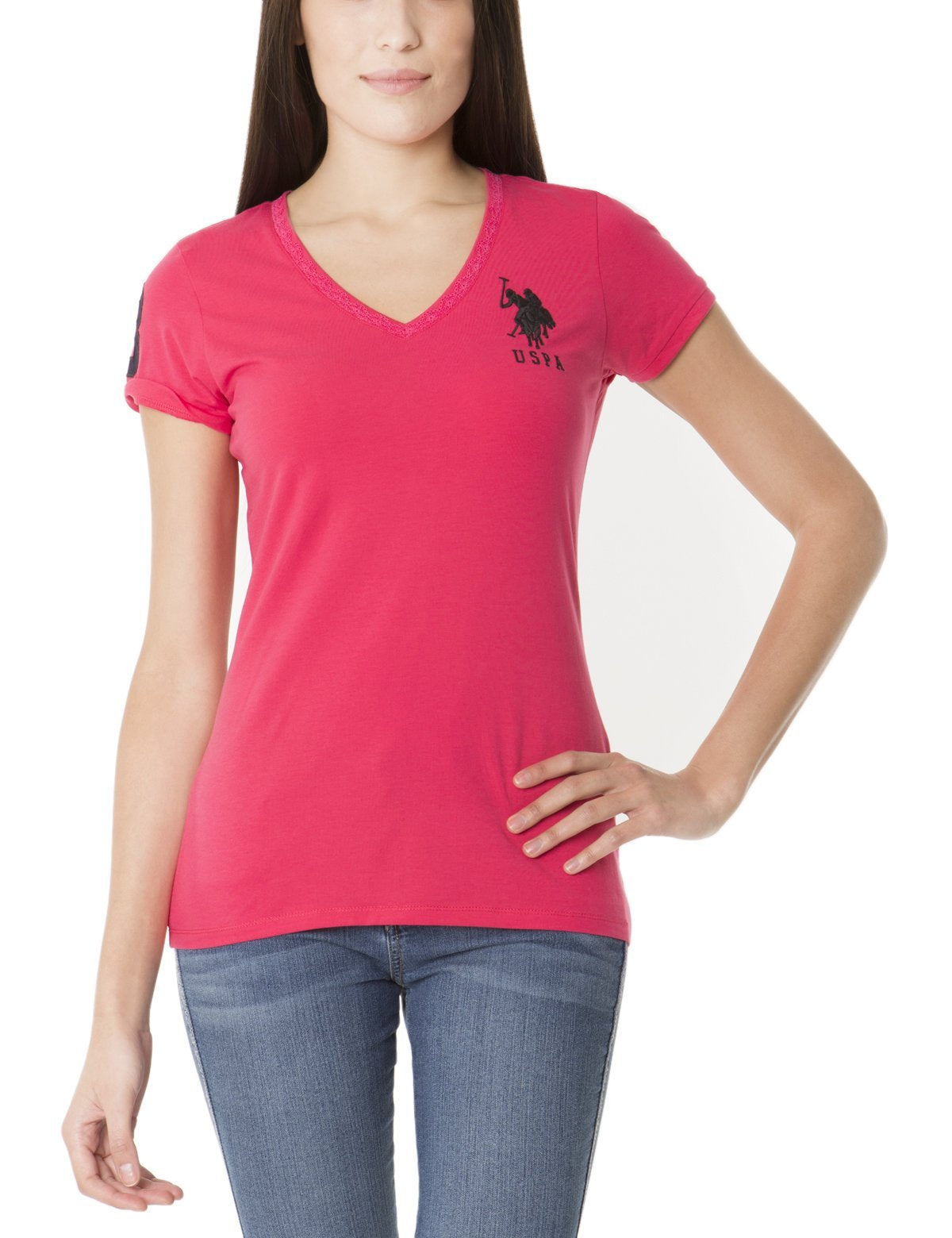 V-Neck Lace T-Shirt with Logo & Short Sleeves | Classic Cotton Tee