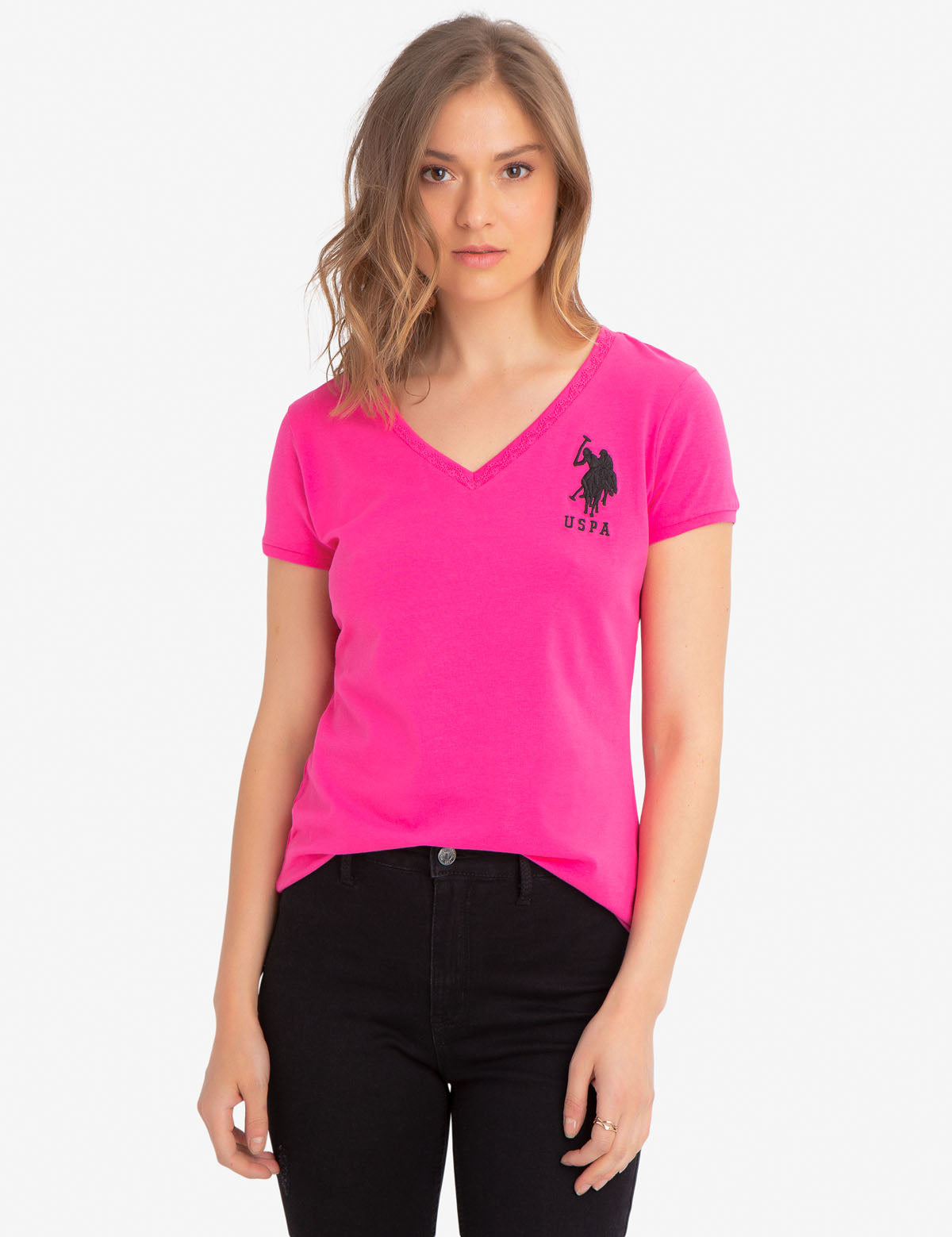 V-Neck Lace T-Shirt with Logo & Short Sleeves | Classic Cotton Tee
