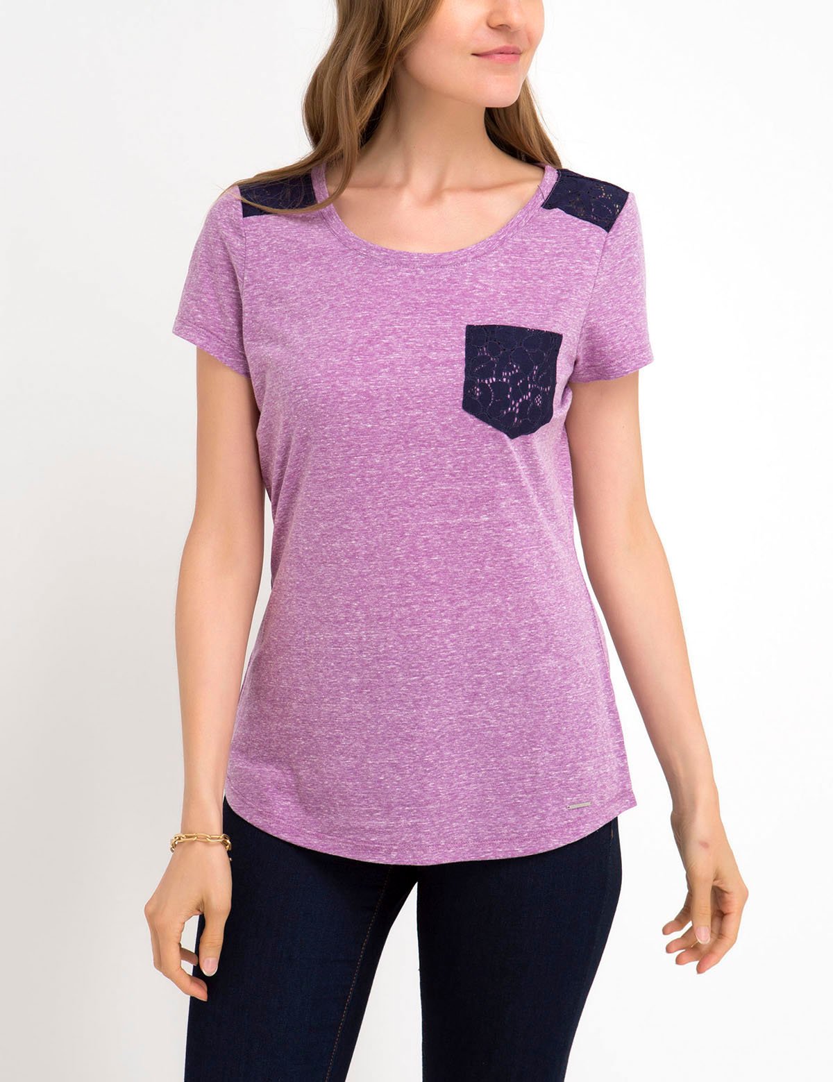 Lace Detail T-Shirt with Chest Pocket | Scoop Neck & Short Sleeves