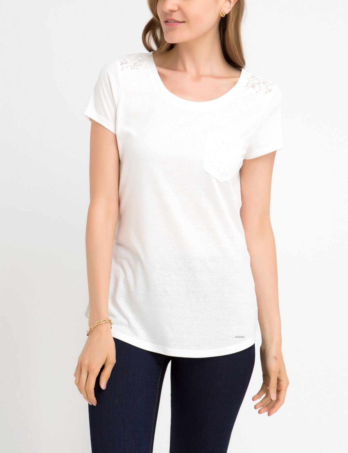 Lace Detail T-Shirt with Chest Pocket | Scoop Neck & Short Sleeves