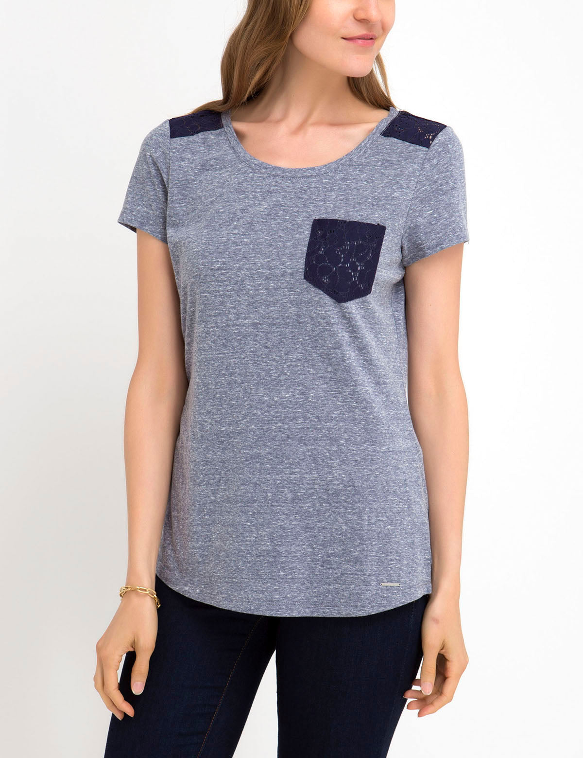Lace Detail T-Shirt with Chest Pocket | Scoop Neck & Short Sleeves