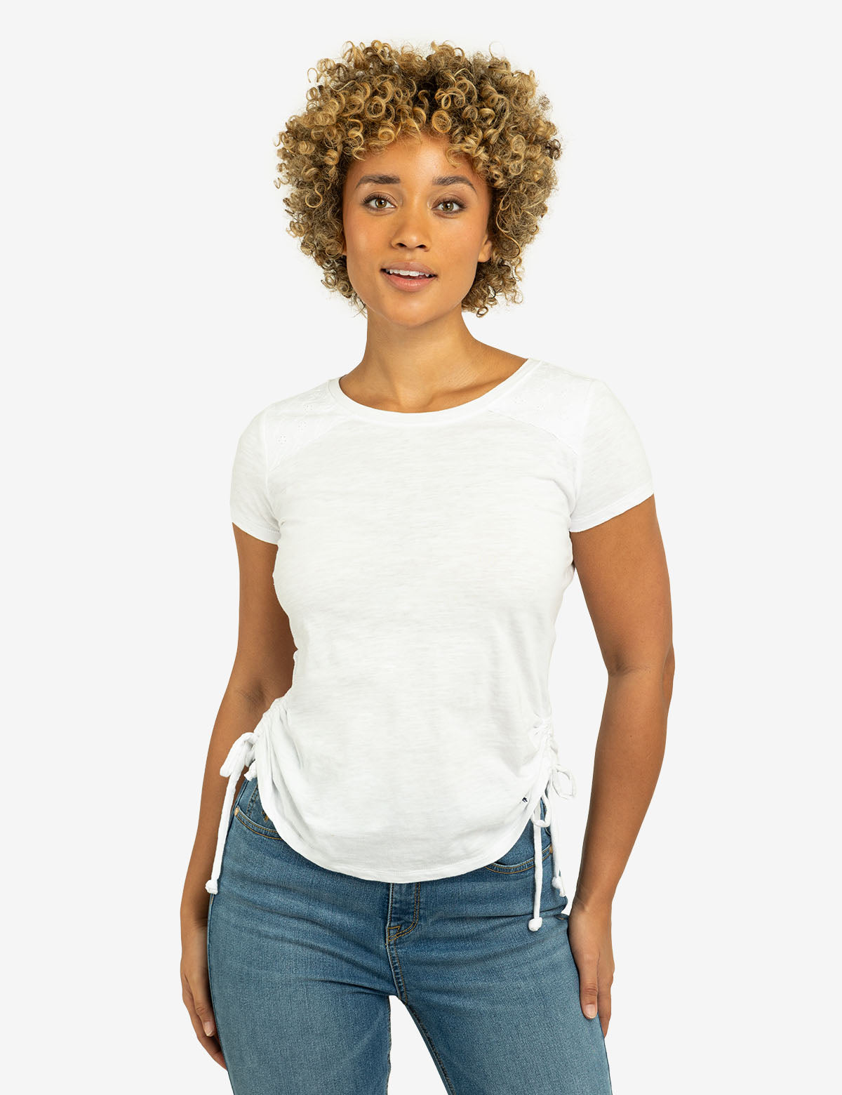 Lace Shoulder Side Tie Top with Ruching | Crew Neck Short Sleeve
