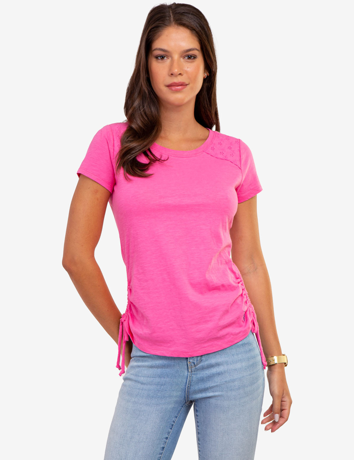 Lace Shoulder Side Tie Top with Ruching | Crew Neck Short Sleeve