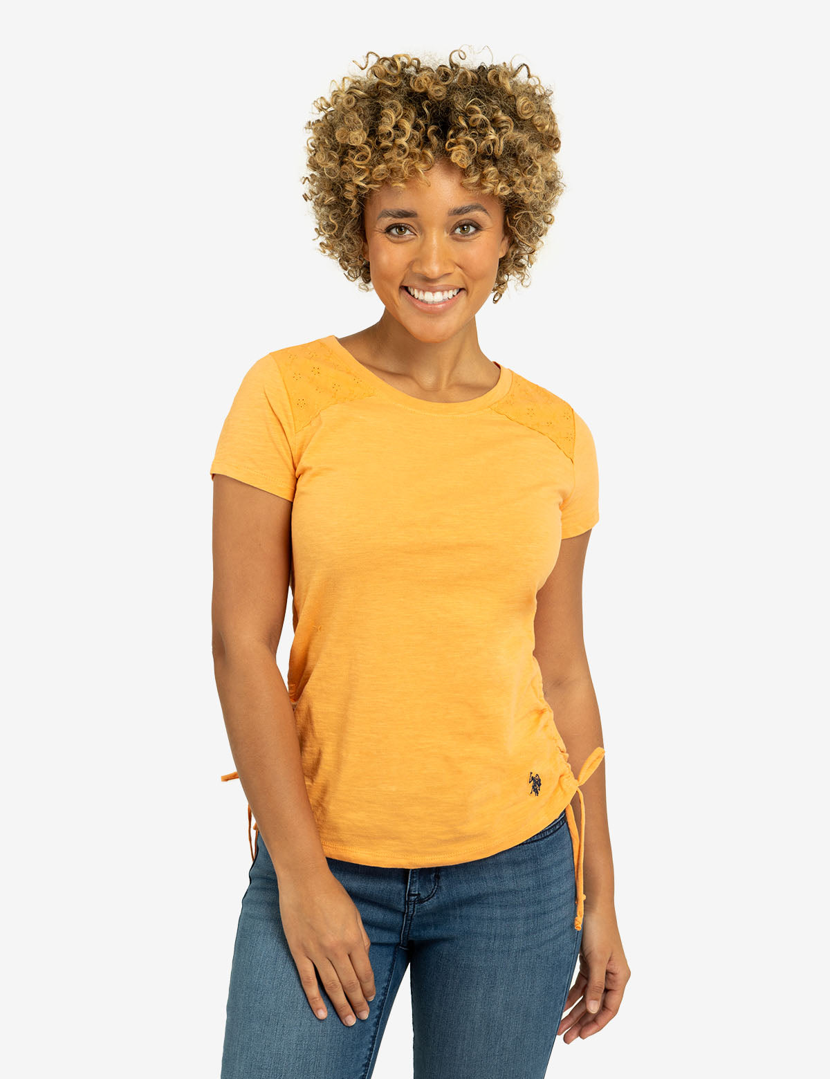 Lace Shoulder Side Tie Top with Ruching | Crew Neck Short Sleeve