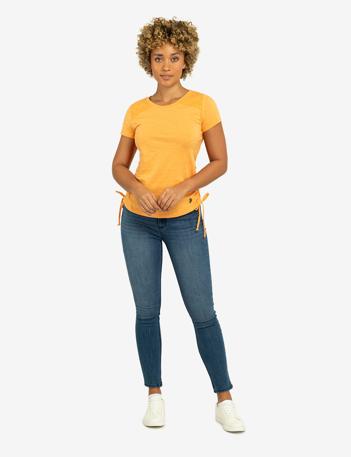 Lace Shoulder Side Tie Top with Ruching | Crew Neck Short Sleeve