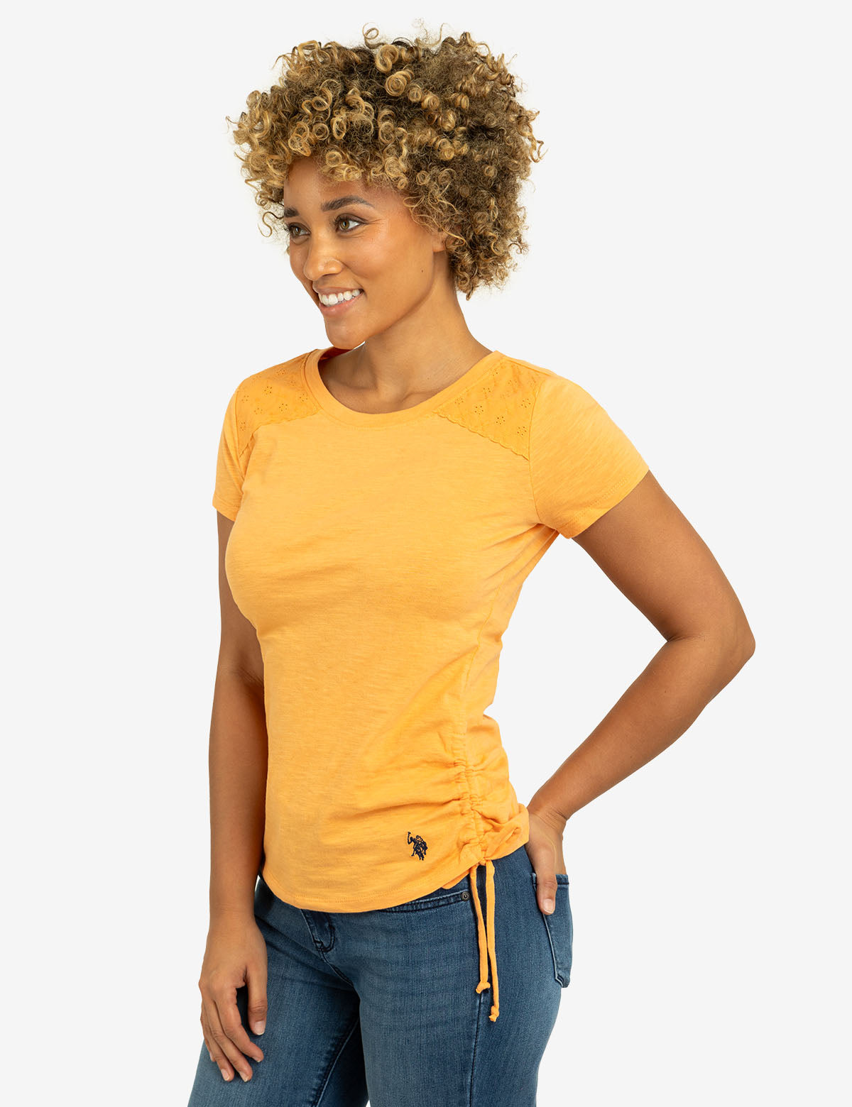 Lace Shoulder Side Tie Top with Ruching | Crew Neck Short Sleeve