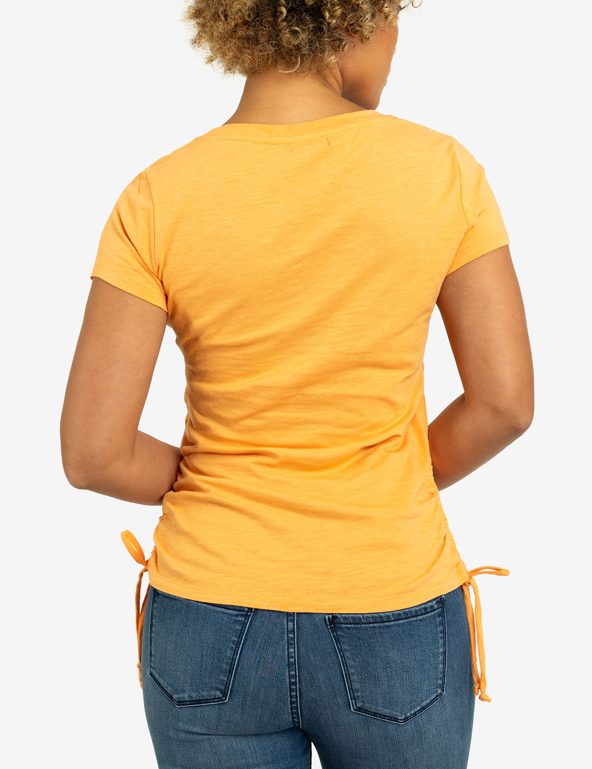 Lace Shoulder Side Tie Top with Ruching | Crew Neck Short Sleeve