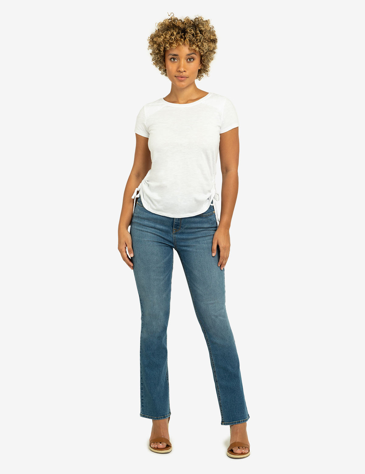 Lace Shoulder Side Tie Top with Ruching | Crew Neck Short Sleeve