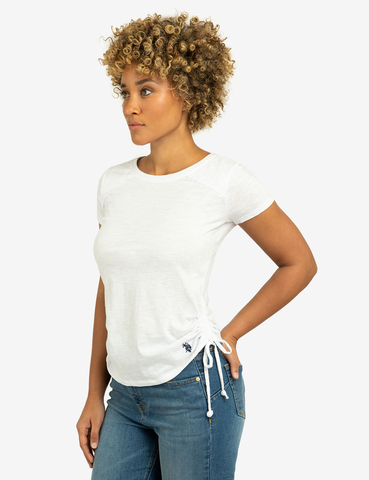 Lace Shoulder Side Tie Top with Ruching | Crew Neck Short Sleeve