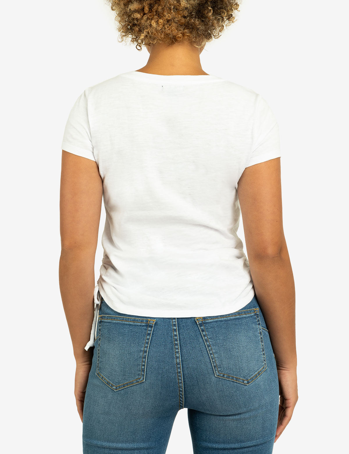 Lace Shoulder Side Tie Top with Ruching | Crew Neck Short Sleeve