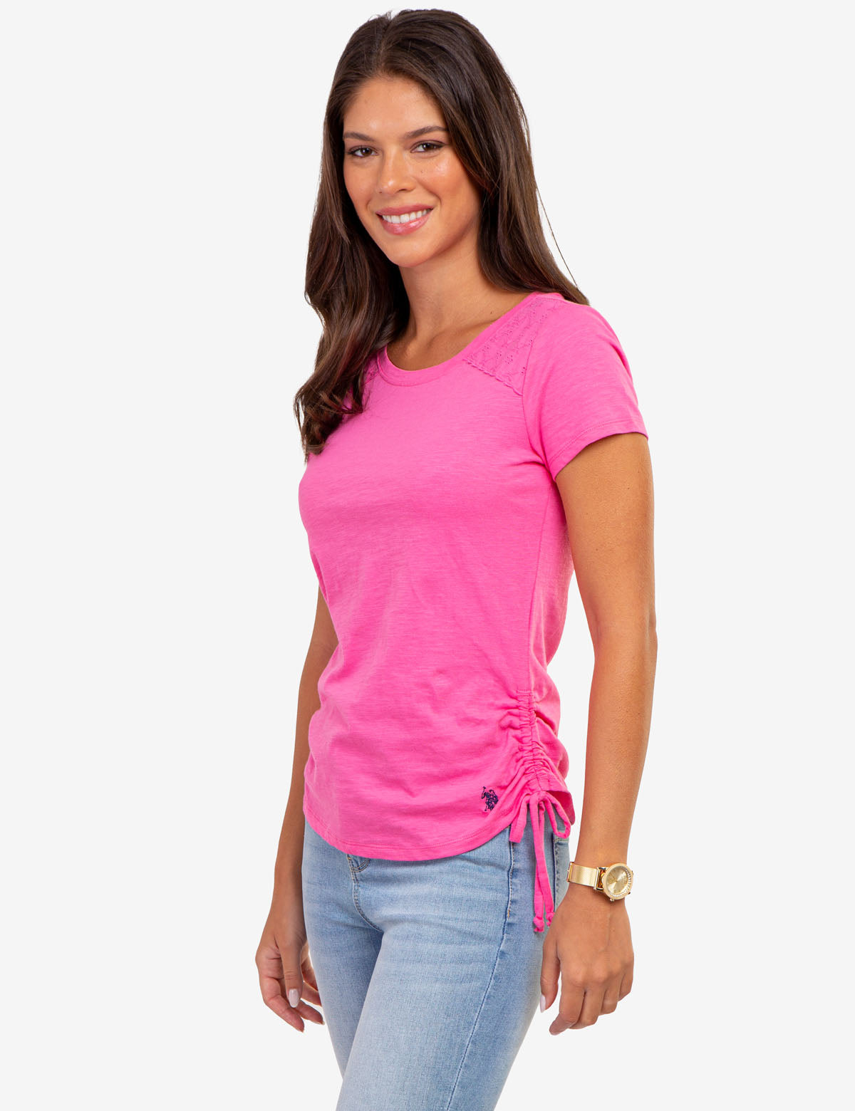 Lace Shoulder Side Tie Top with Ruching | Crew Neck Short Sleeve