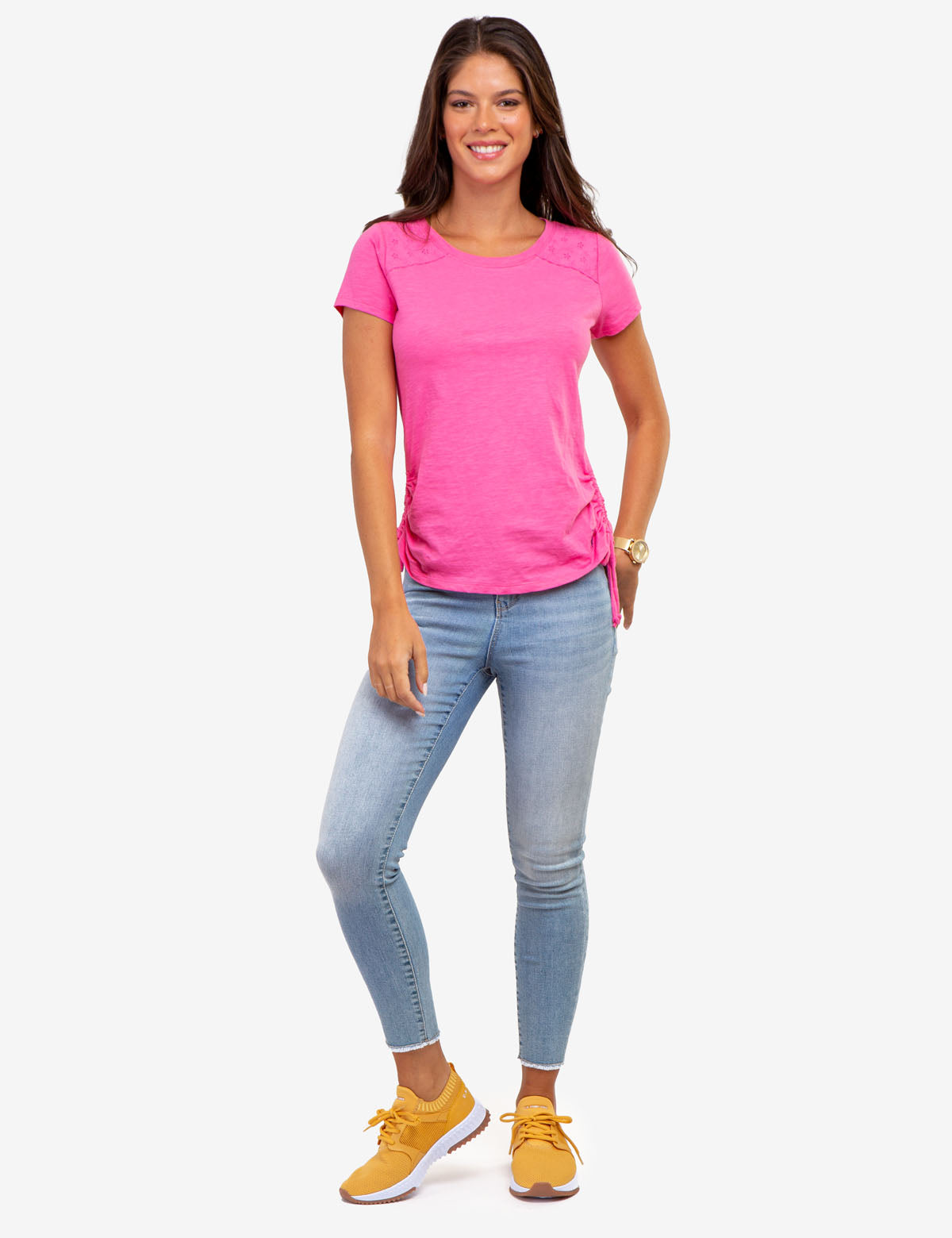 Lace Shoulder Side Tie Top with Ruching | Crew Neck Short Sleeve