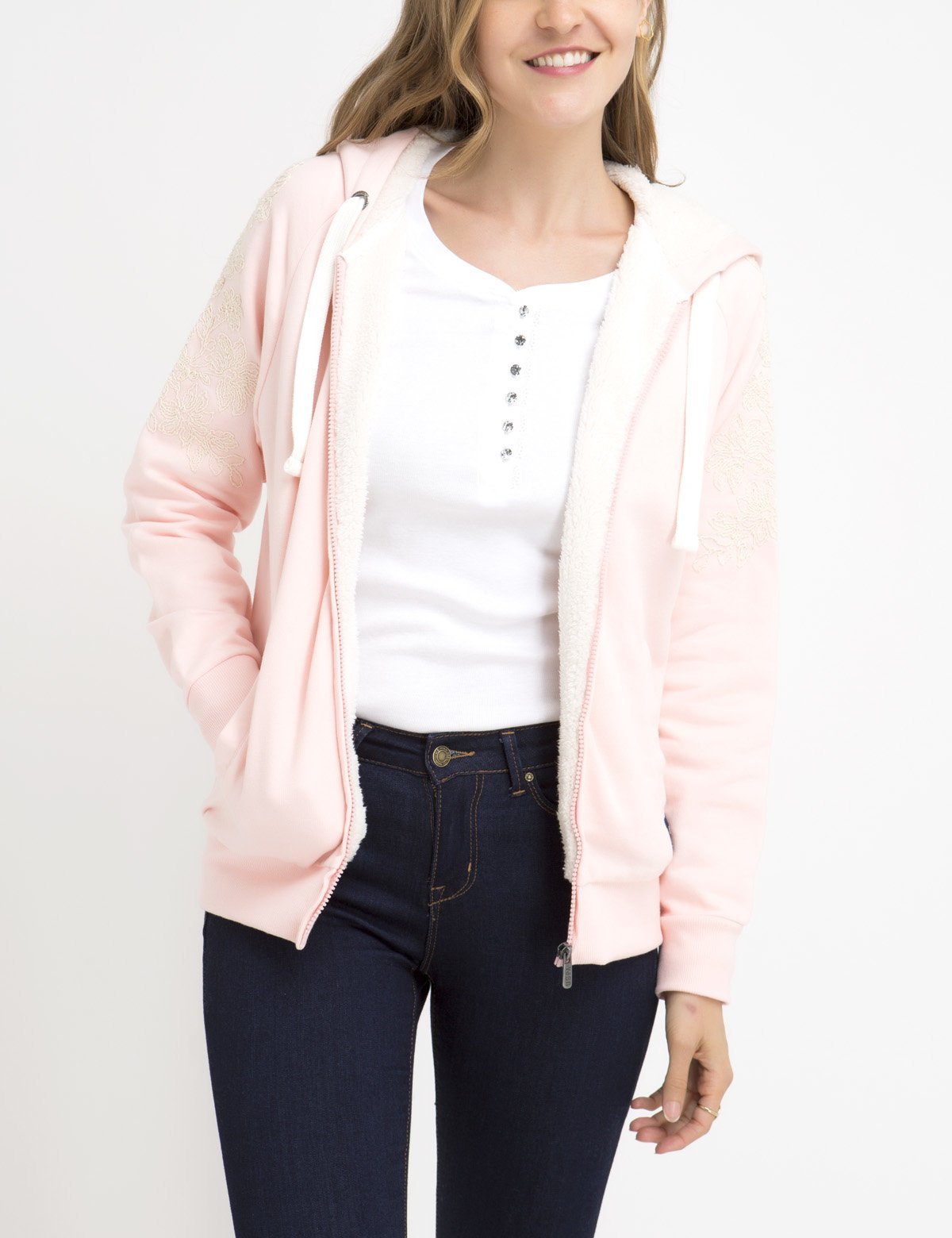 Lace Sleeve Hoodie with Full Zipper & Side Pockets | Embroidered Logo