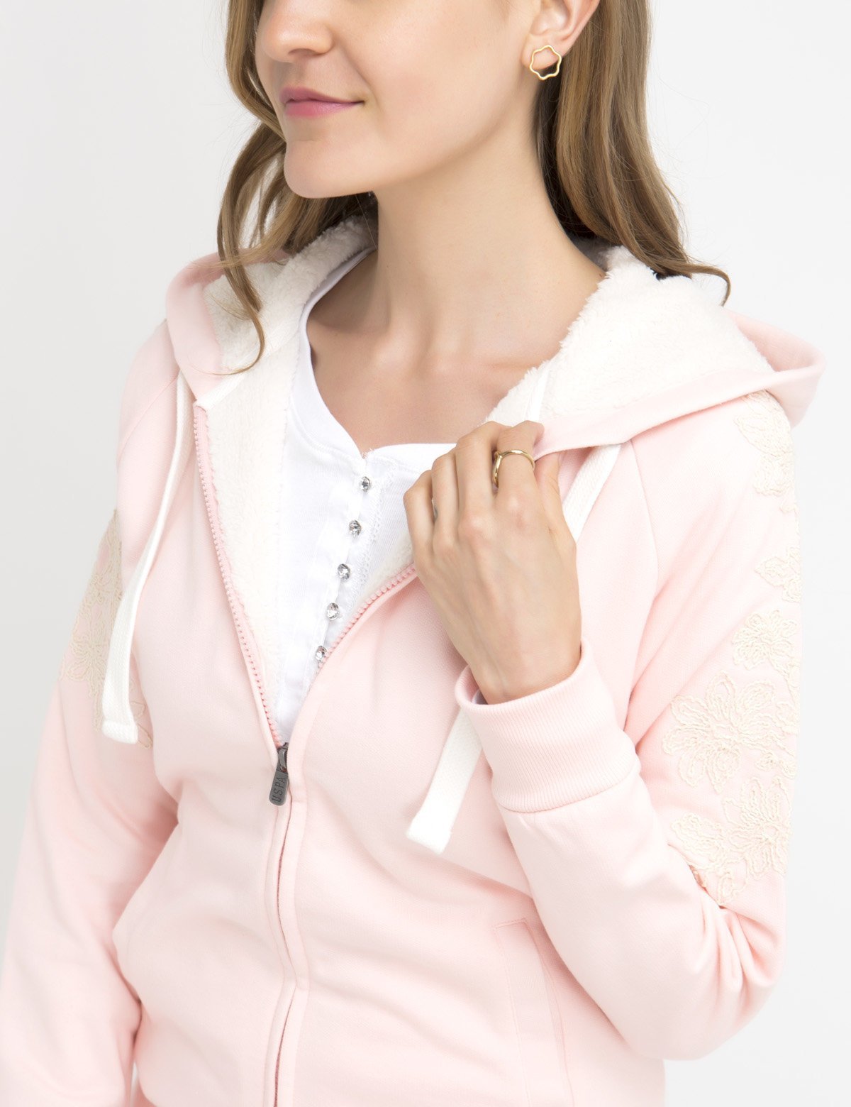 Lace Sleeve Hoodie with Full Zipper & Side Pockets | Embroidered Logo