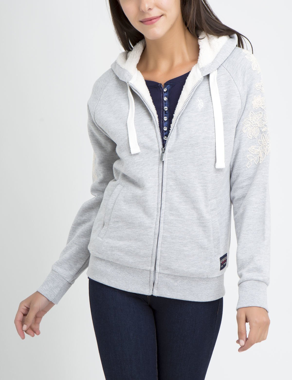 Lace Sleeve Hoodie with Full Zipper & Side Pockets | Embroidered Logo