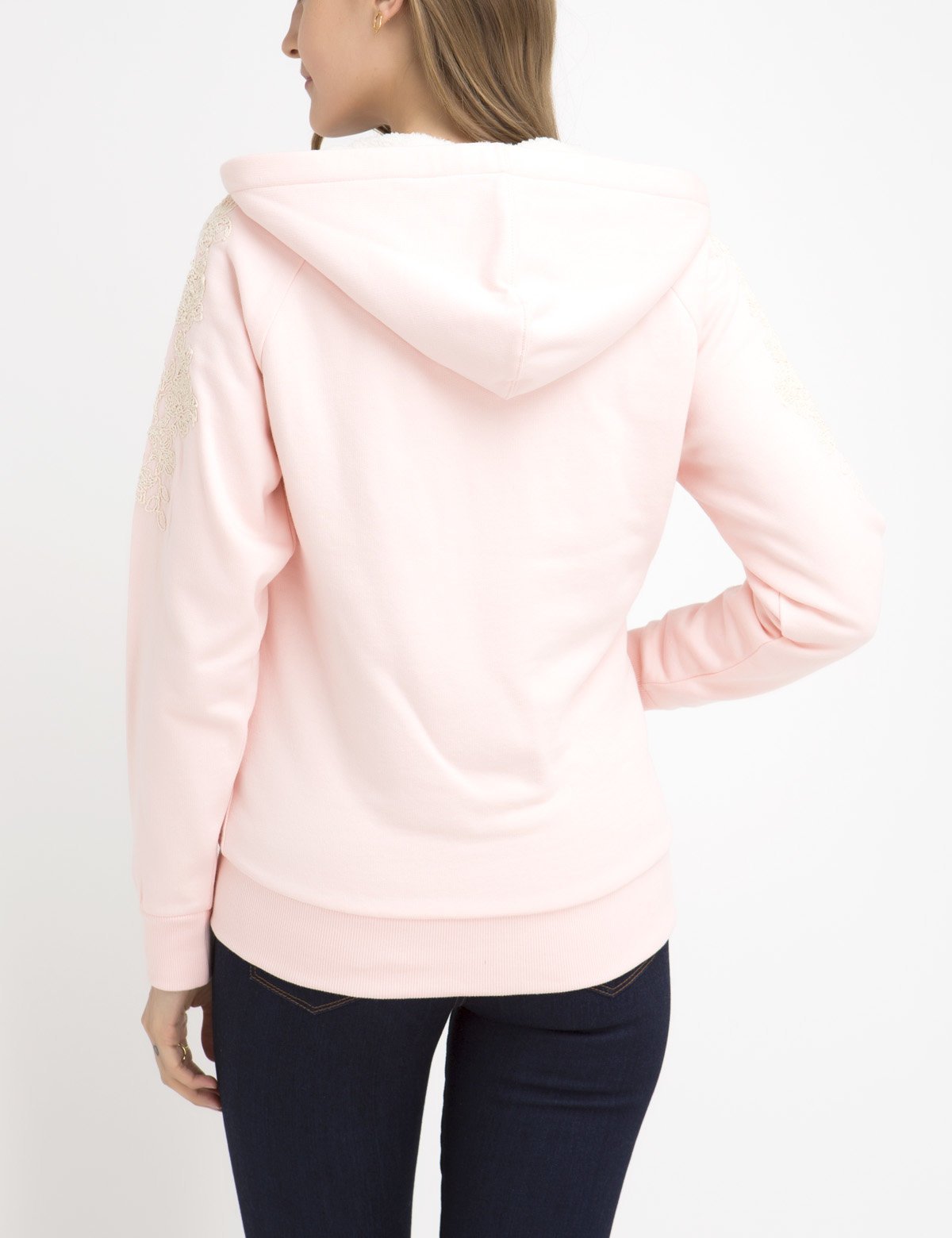Lace Sleeve Hoodie with Full Zipper & Side Pockets | Embroidered Logo