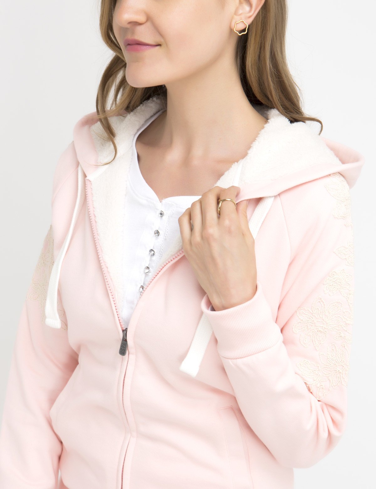 Lace Sleeve Hoodie with Full Zipper & Side Pockets | Embroidered Logo