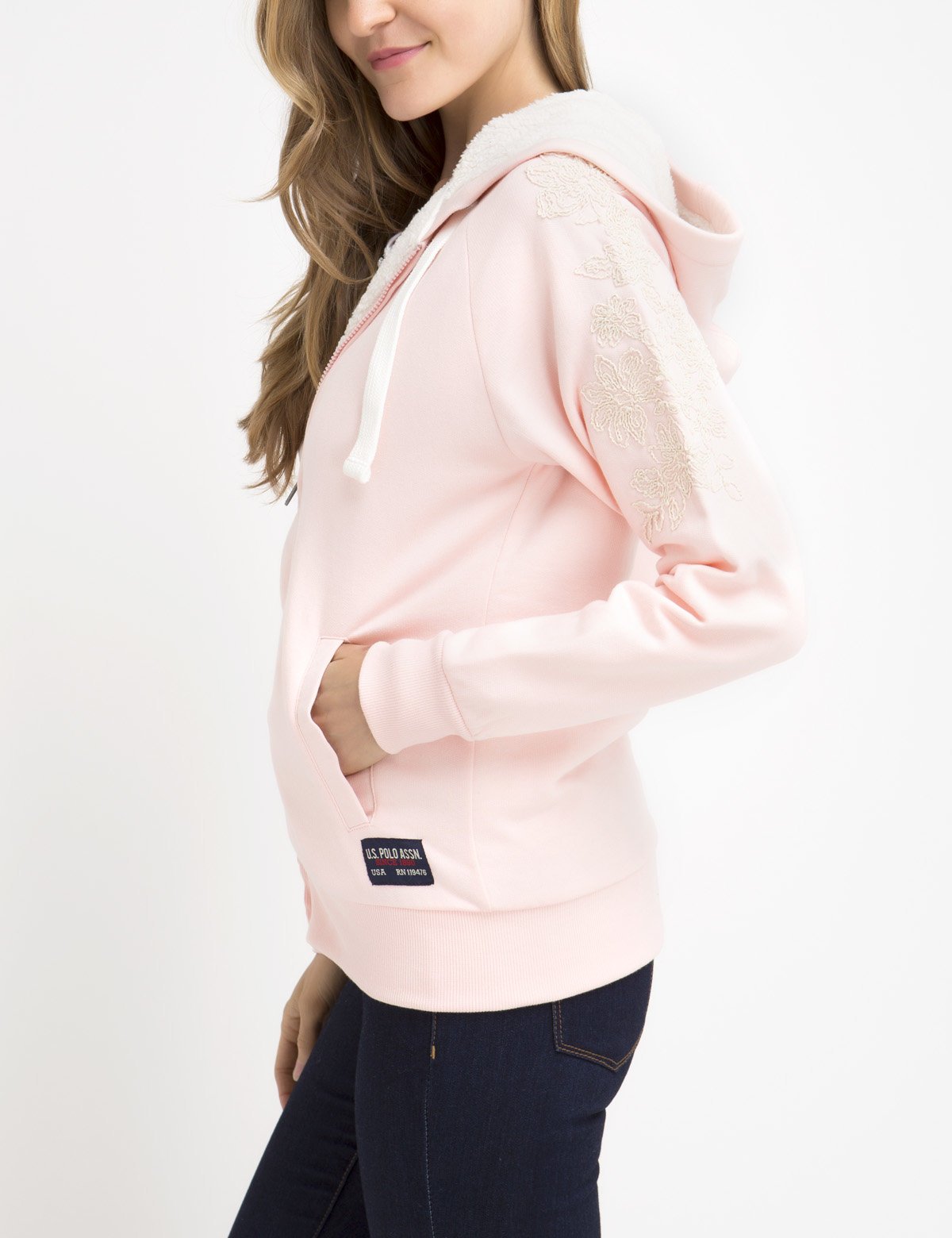 Lace Sleeve Hoodie with Full Zipper & Side Pockets | Embroidered Logo
