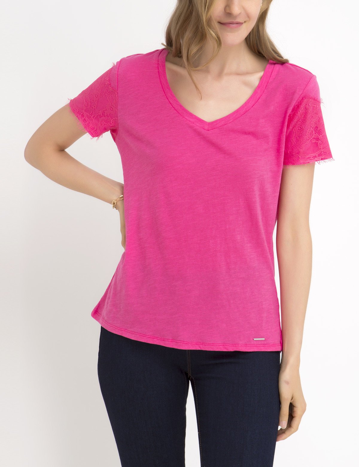Lace Sleeve V-Neck T-Shirt with Scoop Neckline | Women's Top