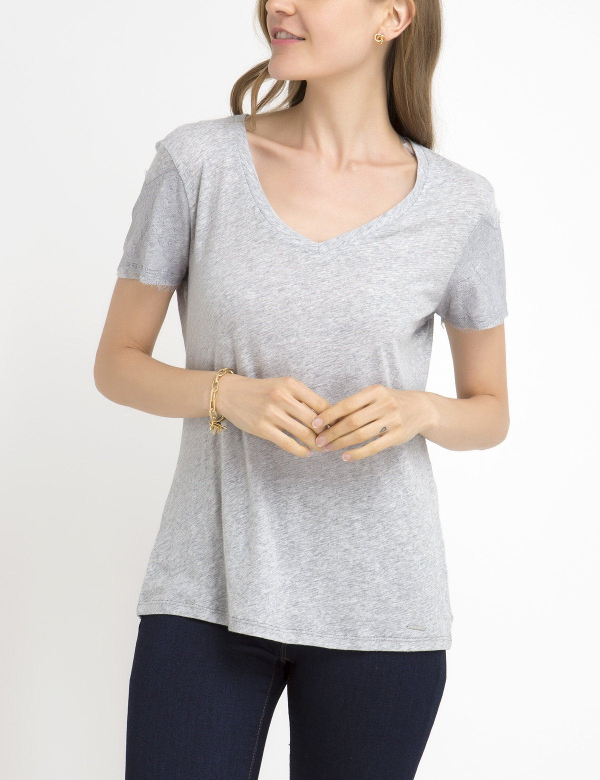 Lace Sleeve V-Neck T-Shirt with Scoop Neckline | Women's Top