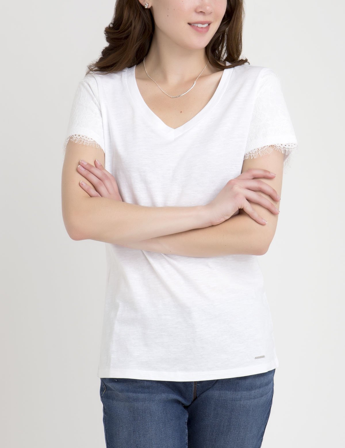 Lace Sleeve V-Neck T-Shirt with Scoop Neckline | Women's Top