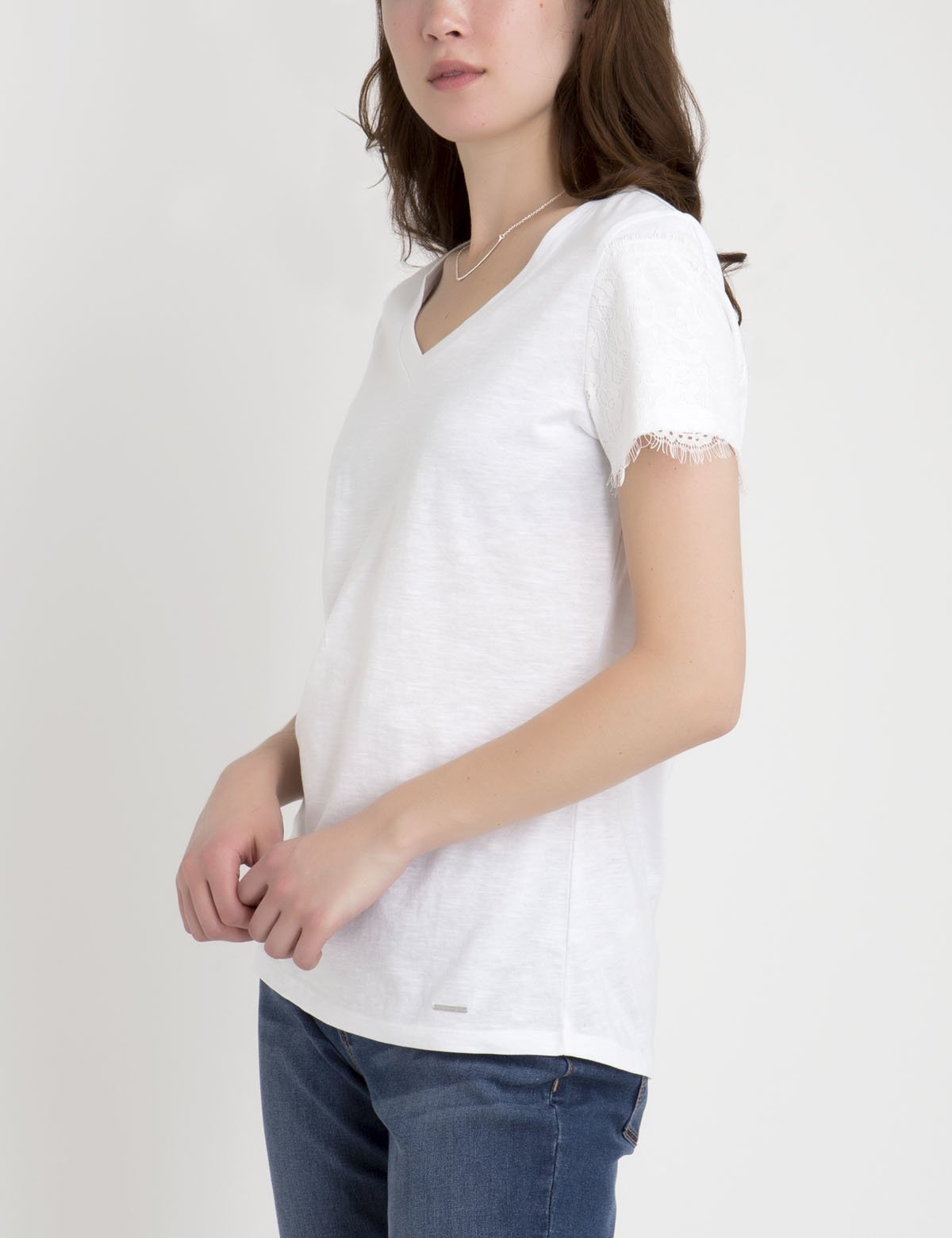 Lace Sleeve V-Neck T-Shirt with Scoop Neckline | Women's Top