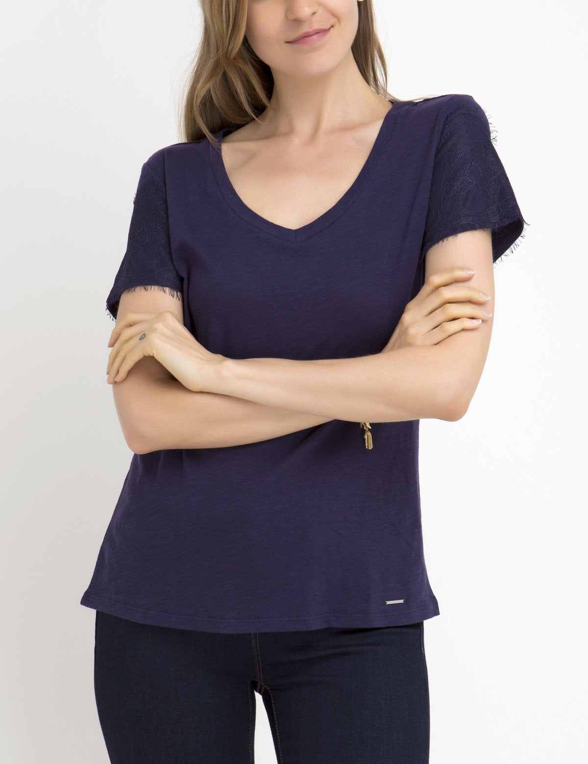 Lace Sleeve V-Neck T-Shirt with Scoop Neckline | Women's Top