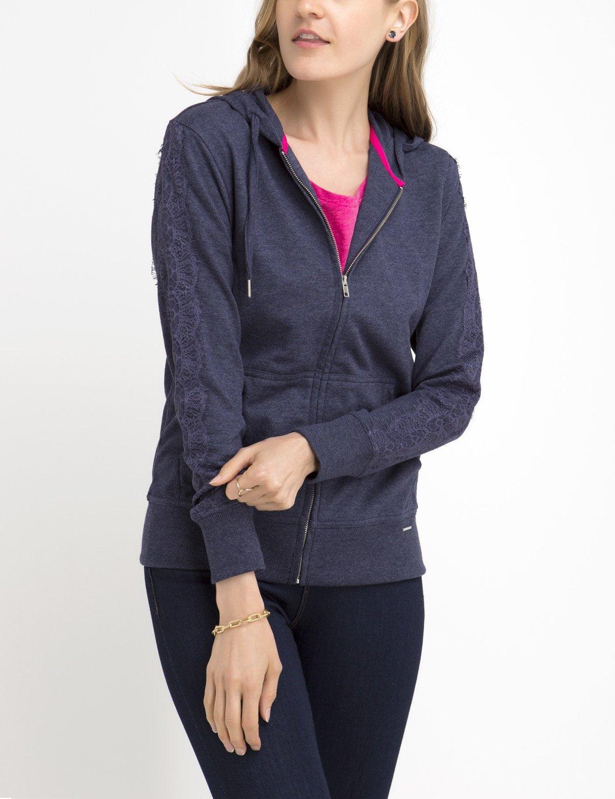 Lace Sleeve Zip-Up Hoodie with Side Pockets & Drawstring Hood | Casual Wear