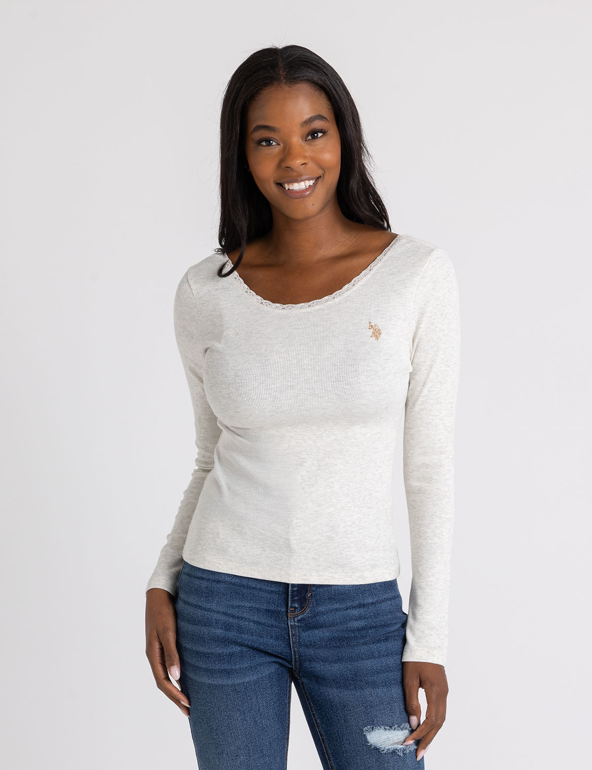 Lace Trim Scoop Neck Ribbed Top for Women | Casual & Comfortable