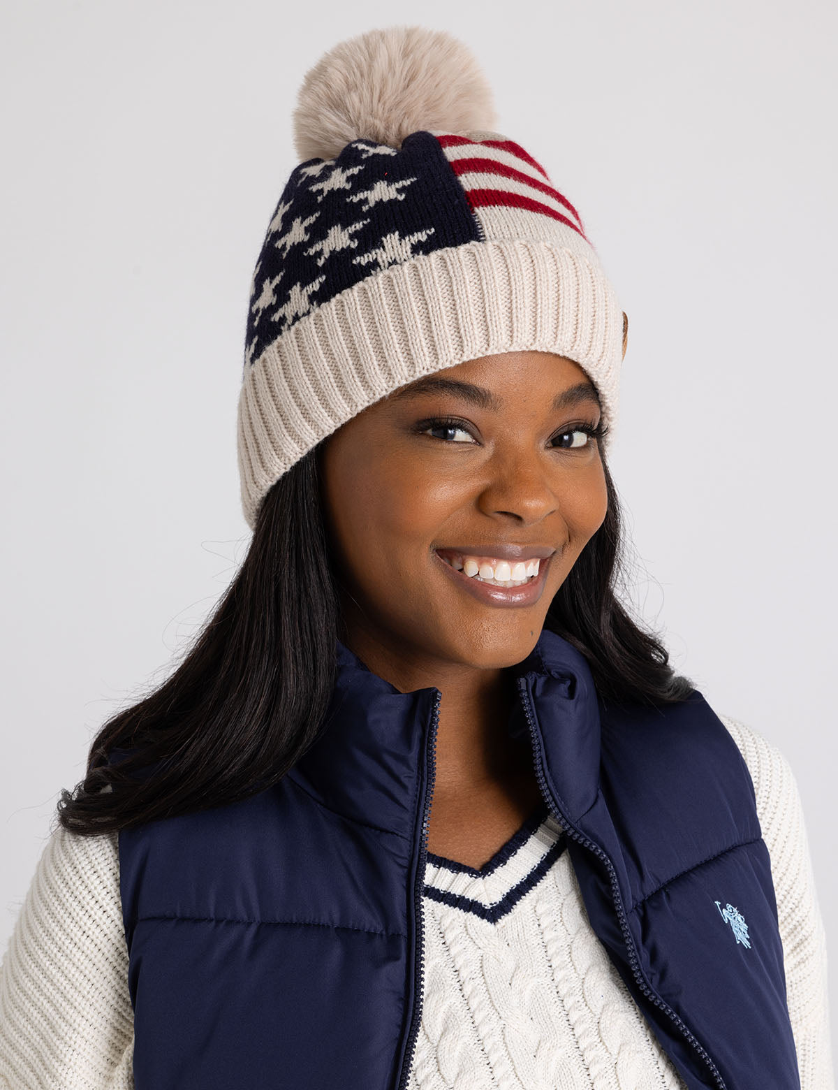 Fleece-Lined Americana Beanie for Women with Pom Pom | Cozy Winter Hat