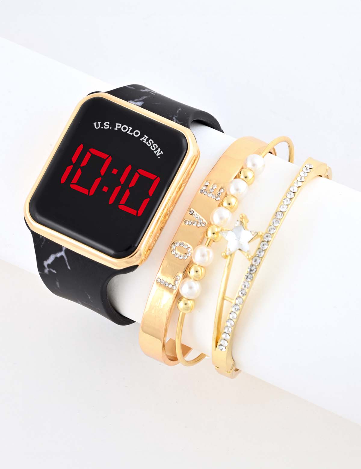 LED Square Face Watch & Stackable Bracelets Set for Women