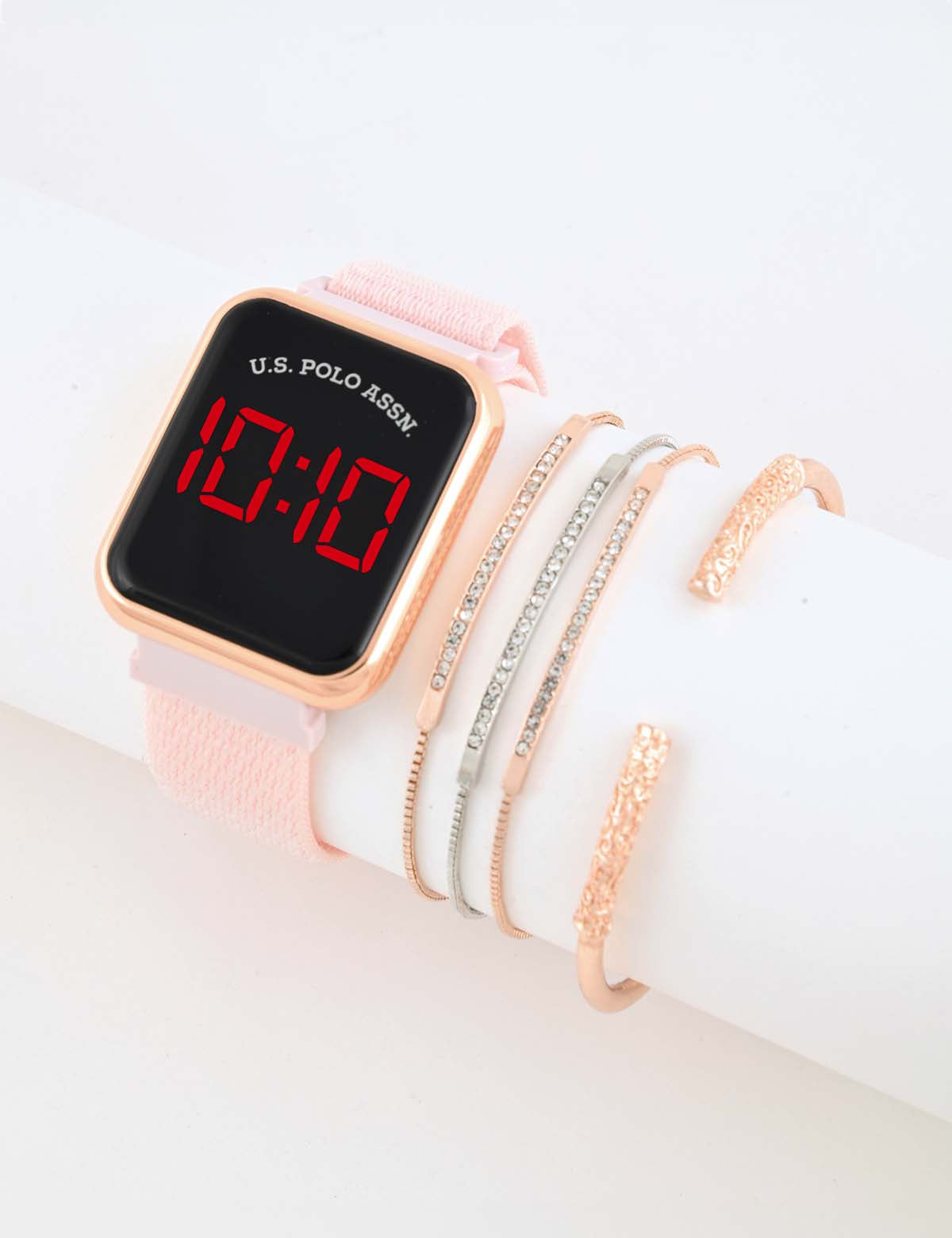 LED Square Face Watch & Stackable Bracelets Set for Women