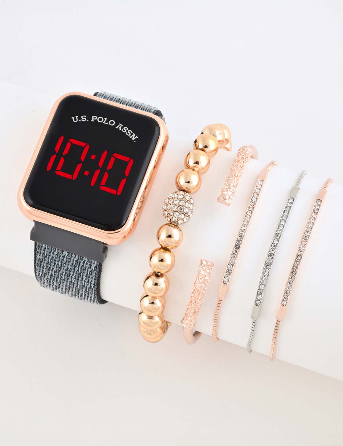 LED Square Face Watch & Stackable Bracelets Set for Women