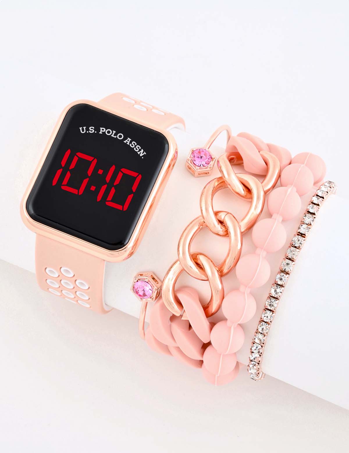 LED Square Face Watch & Stackable Bracelets Set for Women