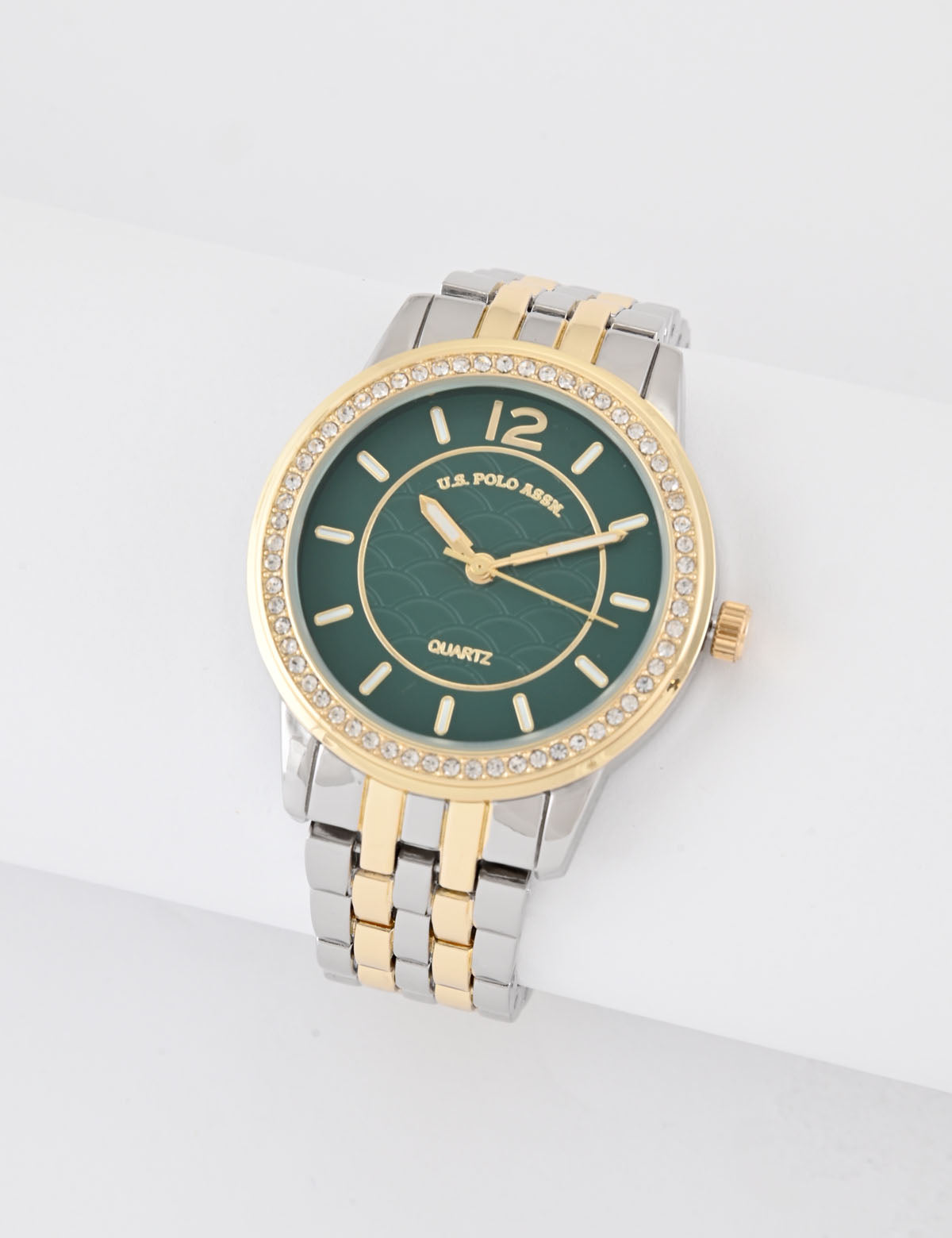 Ladies Silver & Gold Link Watch with Green Face | Elegant Timepiece