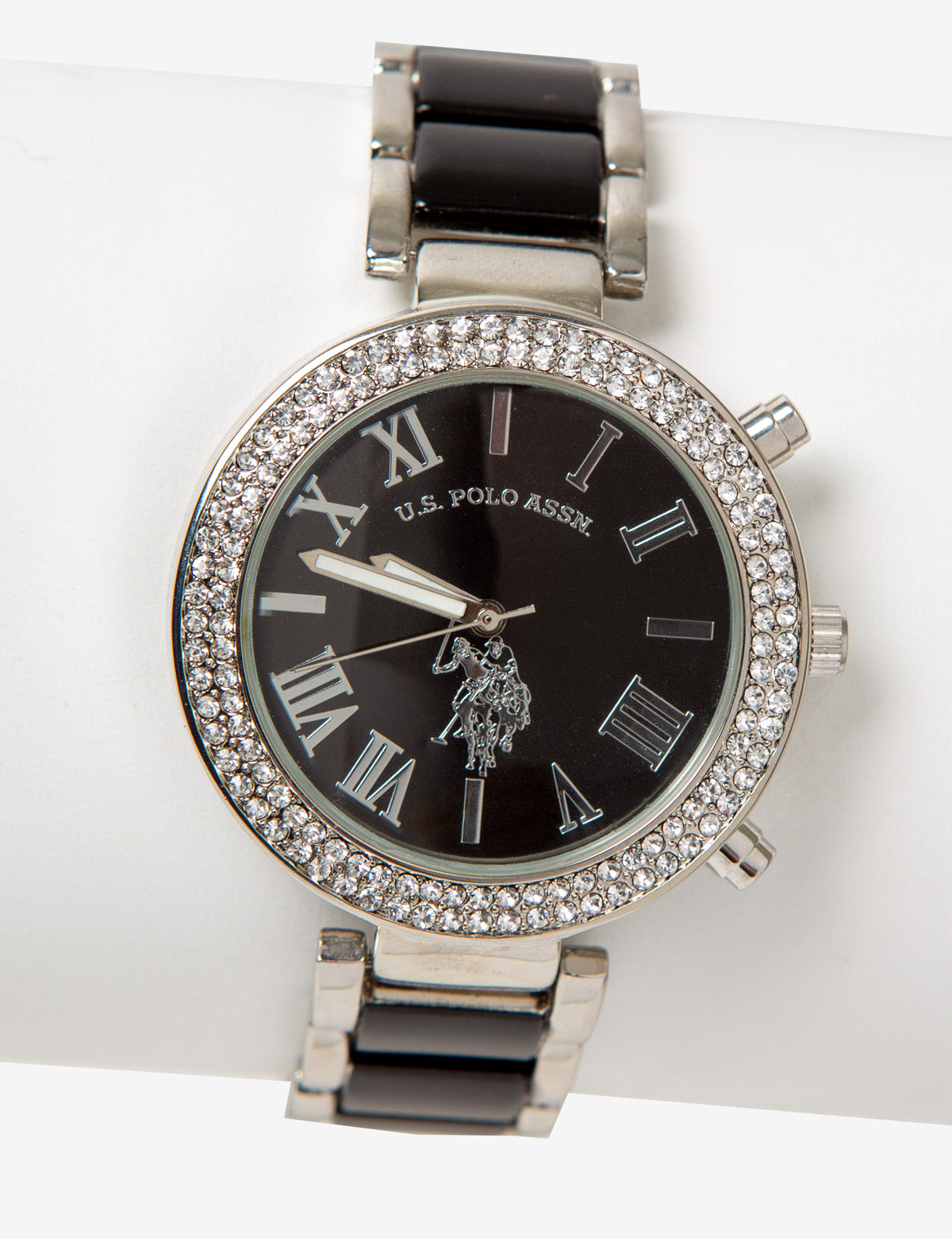 Silver Black Link Watch with Stones for Women | Elegant Ladies Timepiece