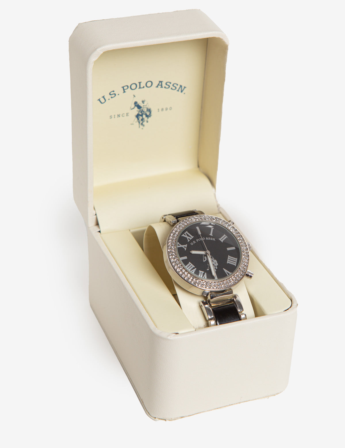 Silver Black Link Watch with Stones for Women | Elegant Ladies Timepiece