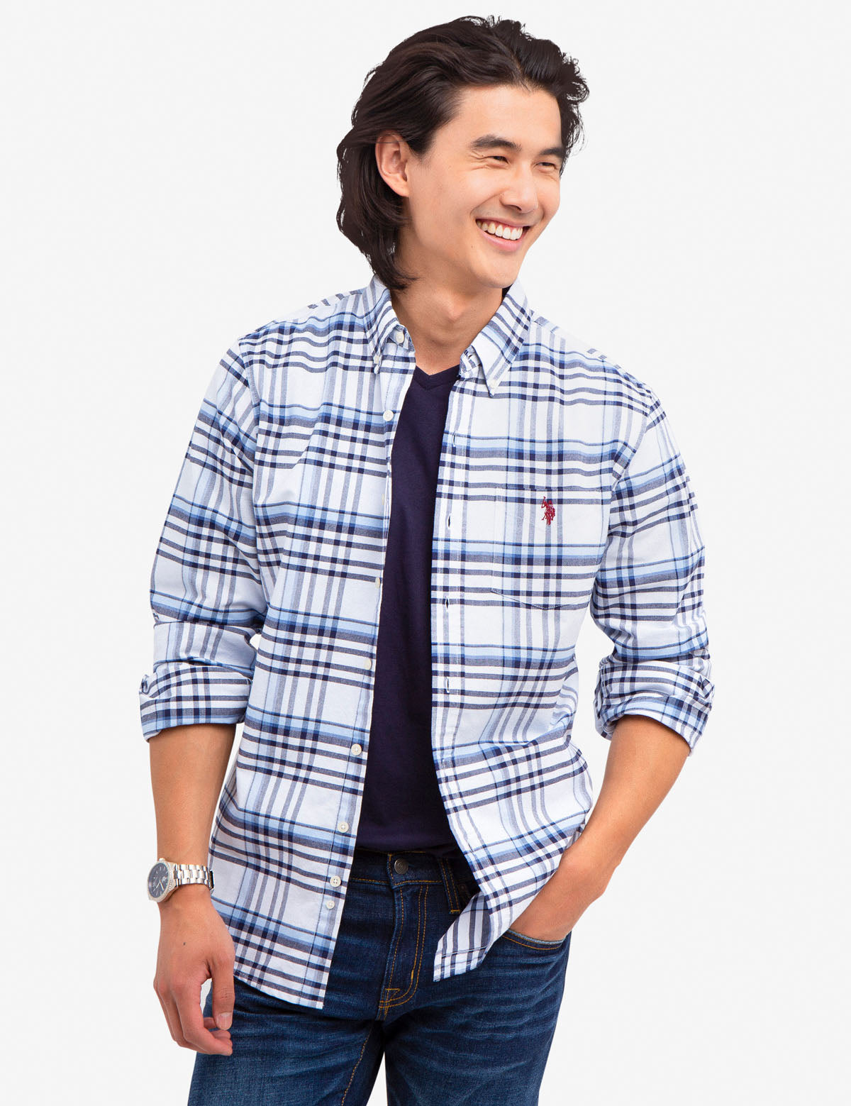 Large Plaid Oxford Shirt with Button Front & Patch Pocket