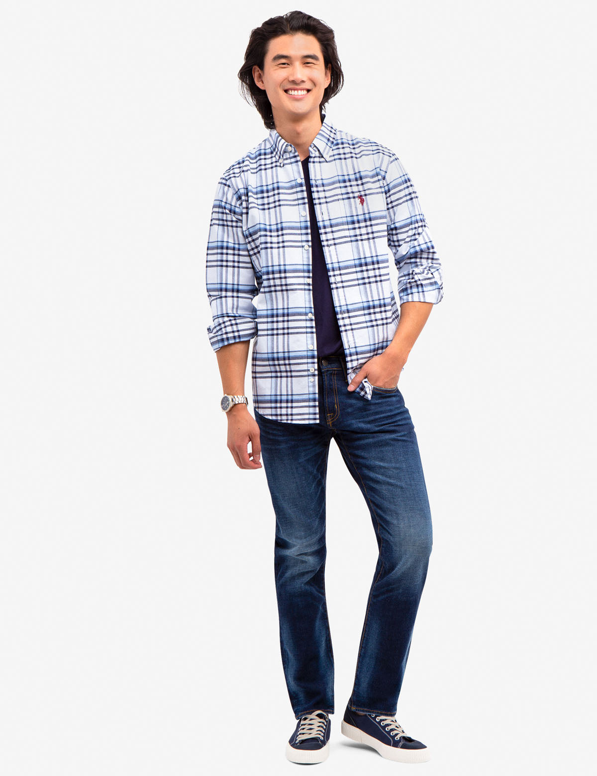Large Plaid Oxford Shirt with Button Front & Patch Pocket
