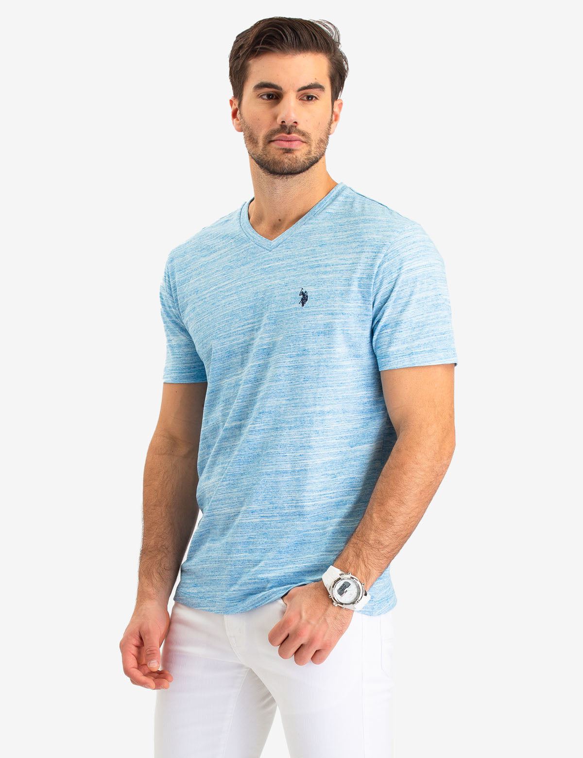 Space Dye V-Neck T-Shirt with Logo Detail | Linear