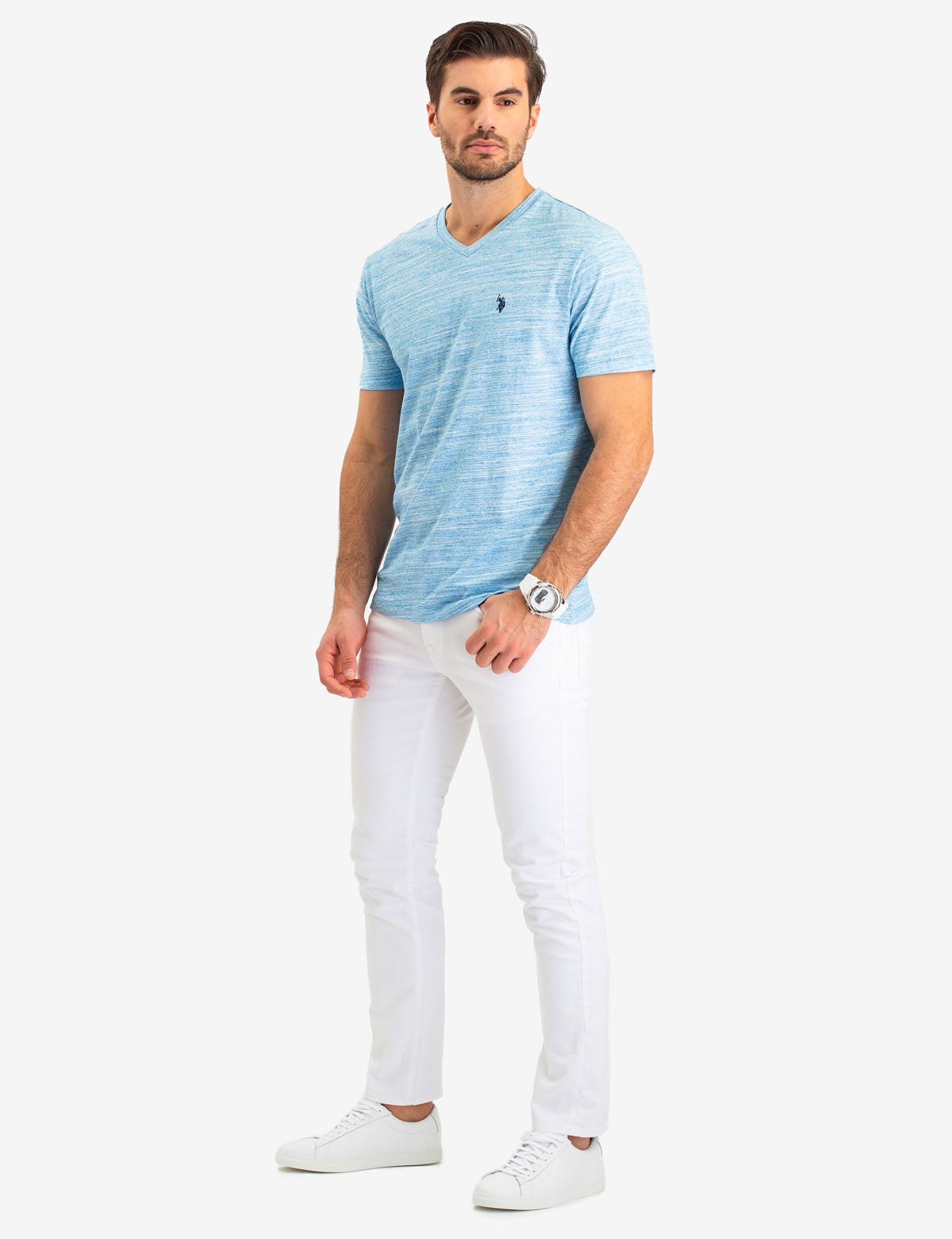 Space Dye V-Neck T-Shirt with Logo Detail | Linear