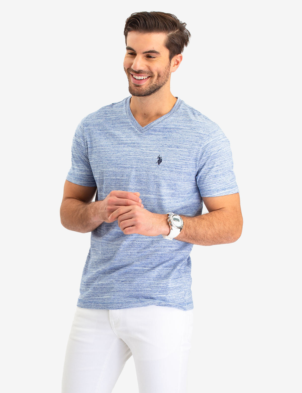 Space Dye V-Neck T-Shirt with Logo Detail | Linear