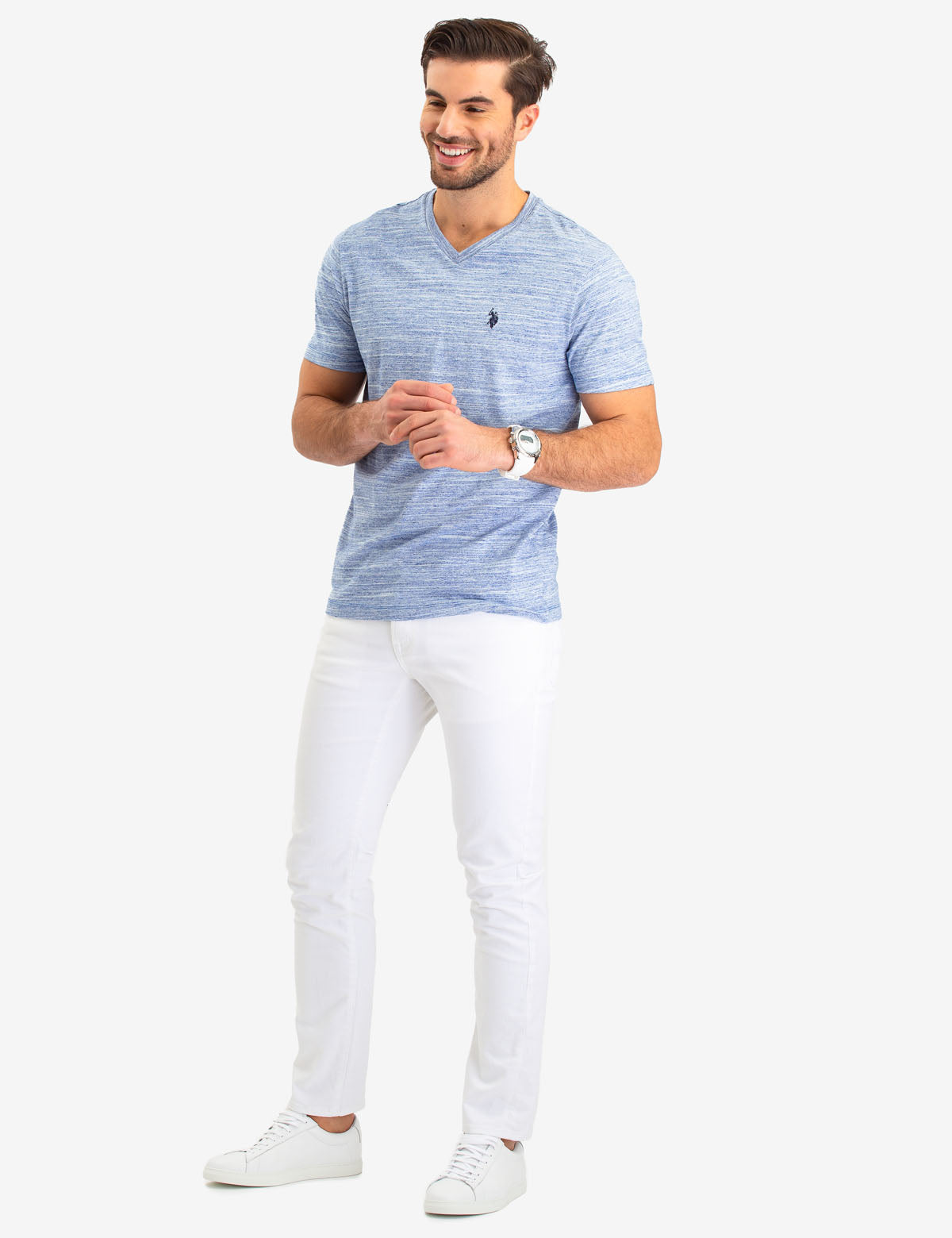 Space Dye V-Neck T-Shirt with Logo Detail | Linear